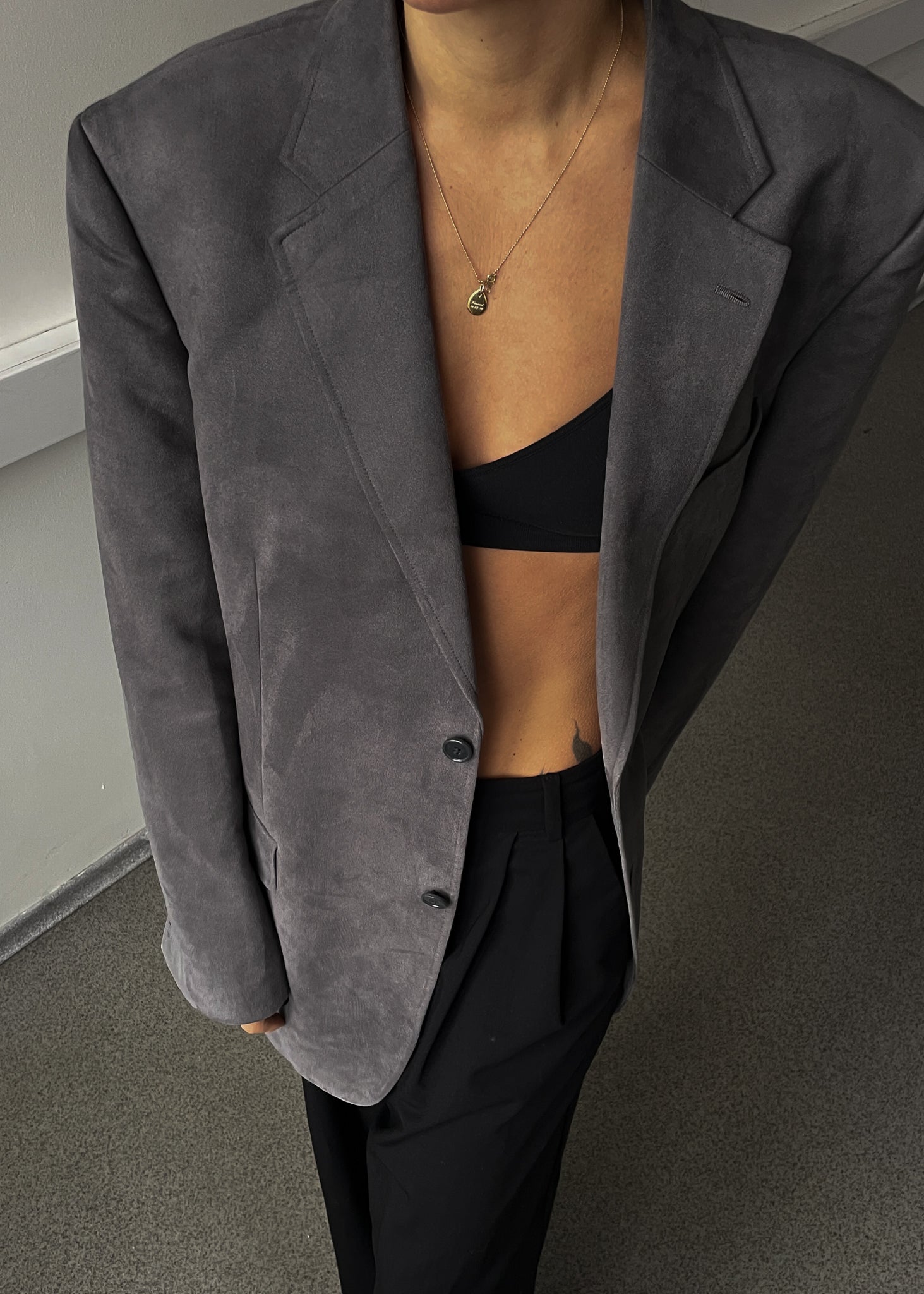 Vintage Grey Oversized Velvet Blazer