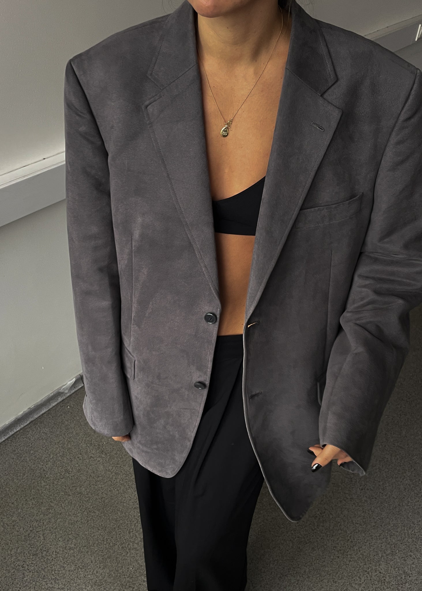 Vintage Grey Oversized Velvet Blazer