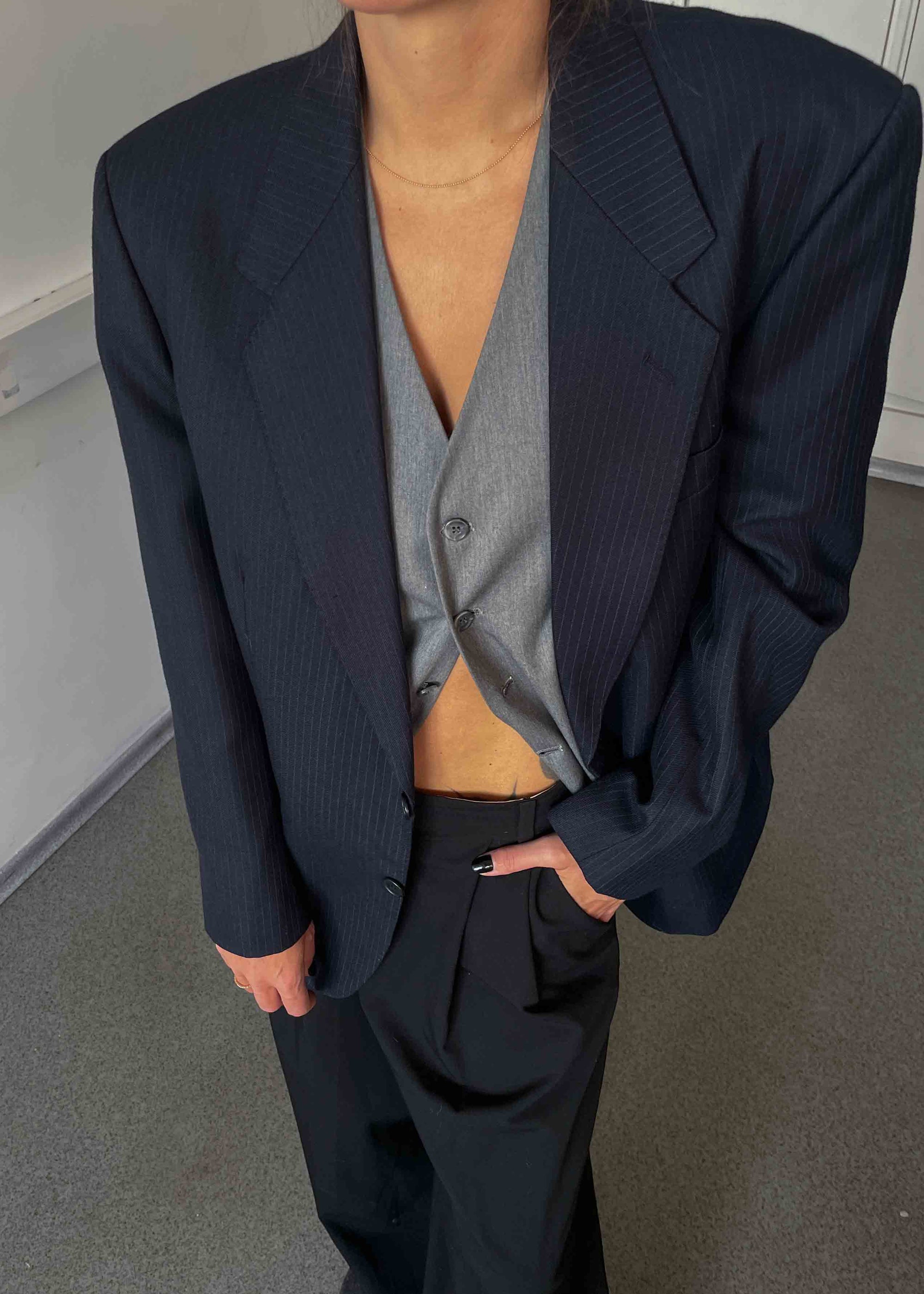 Vintage Navy Blue Stripped Oversized Blazer