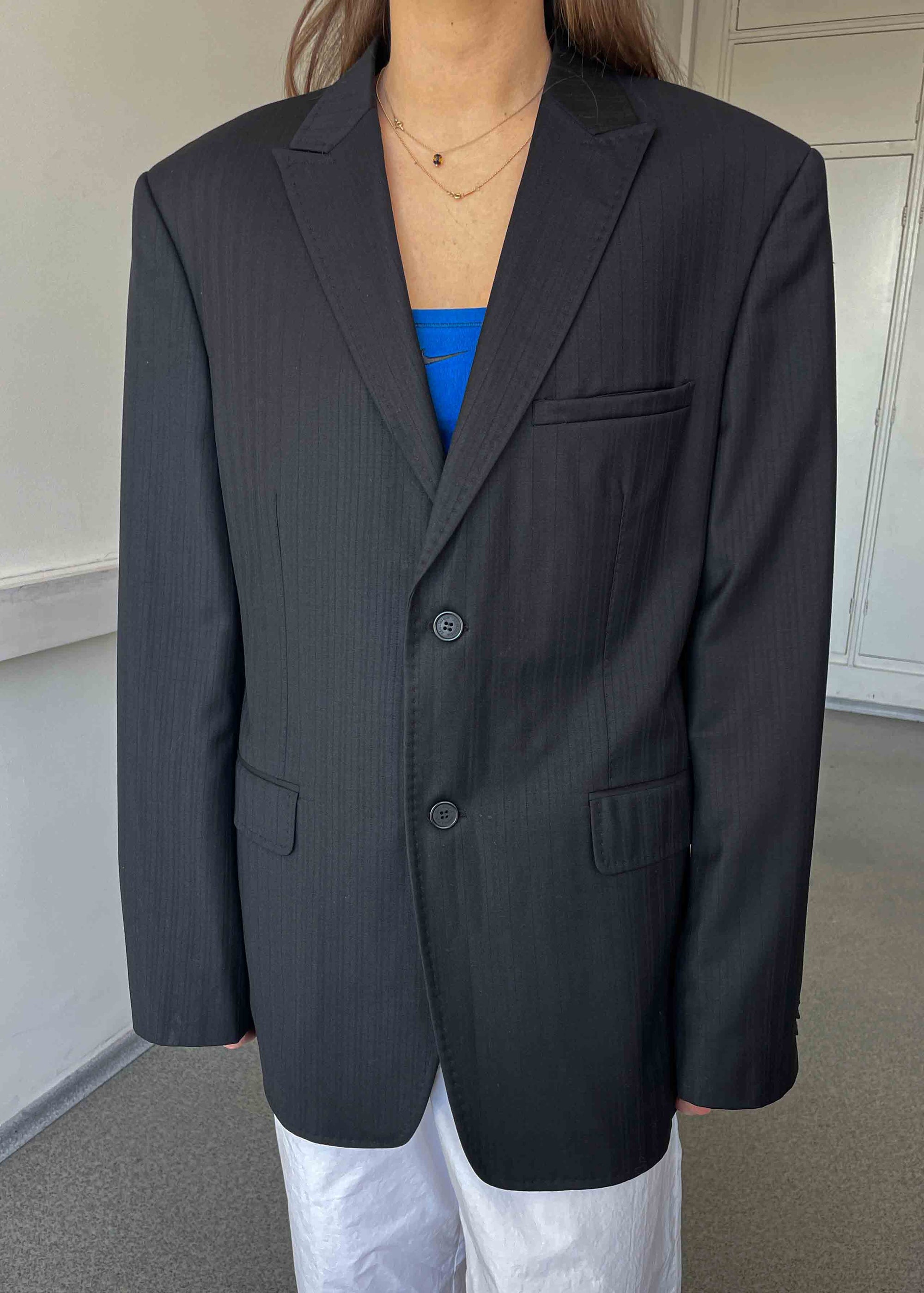 Vintage Black Stripe Patterned Oversized 100% WOOL Blazer