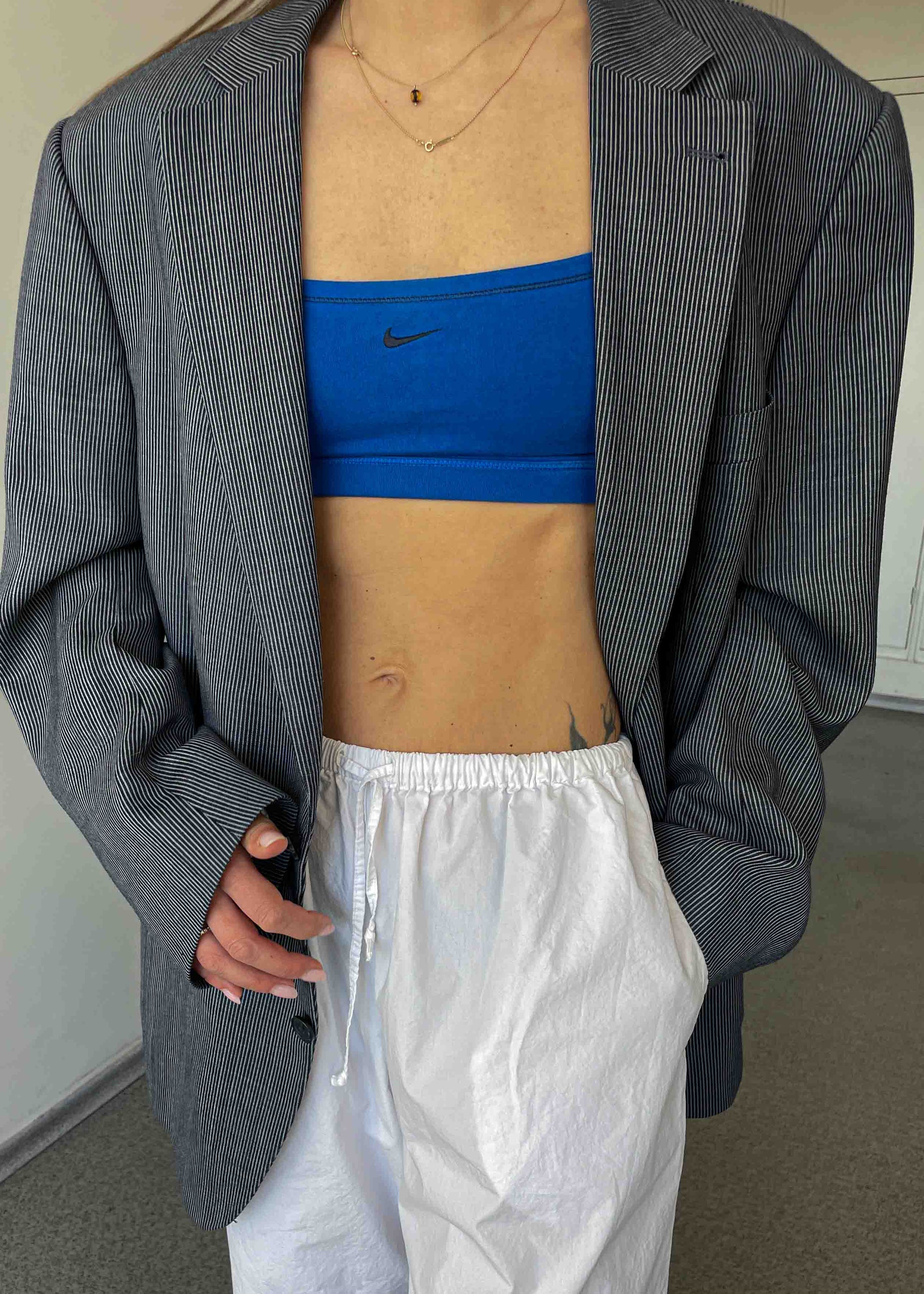 Vintage Dark Blue & Grey Striped Oversized Blazer