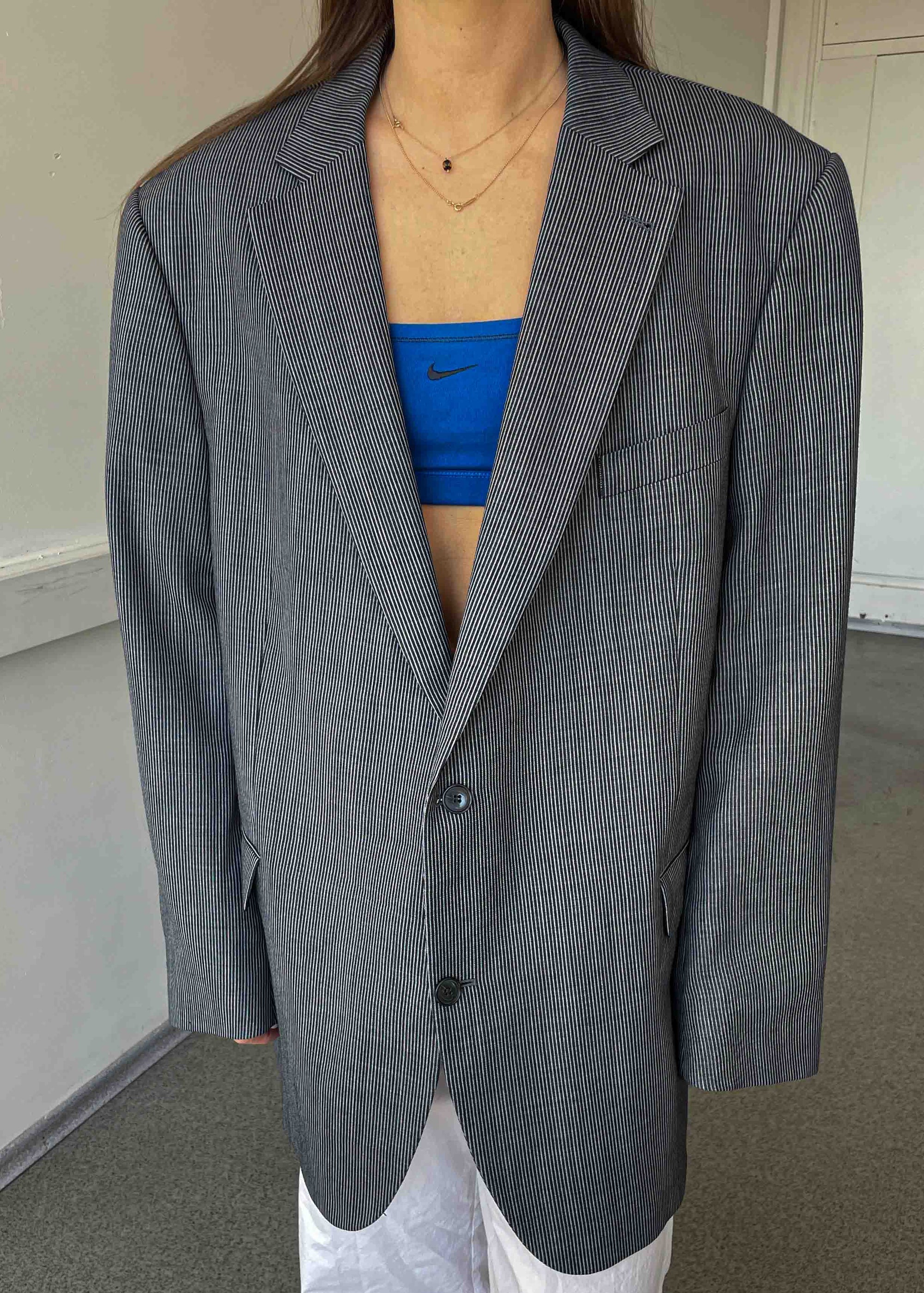 Vintage Dark Blue & Grey Striped Oversized Blazer