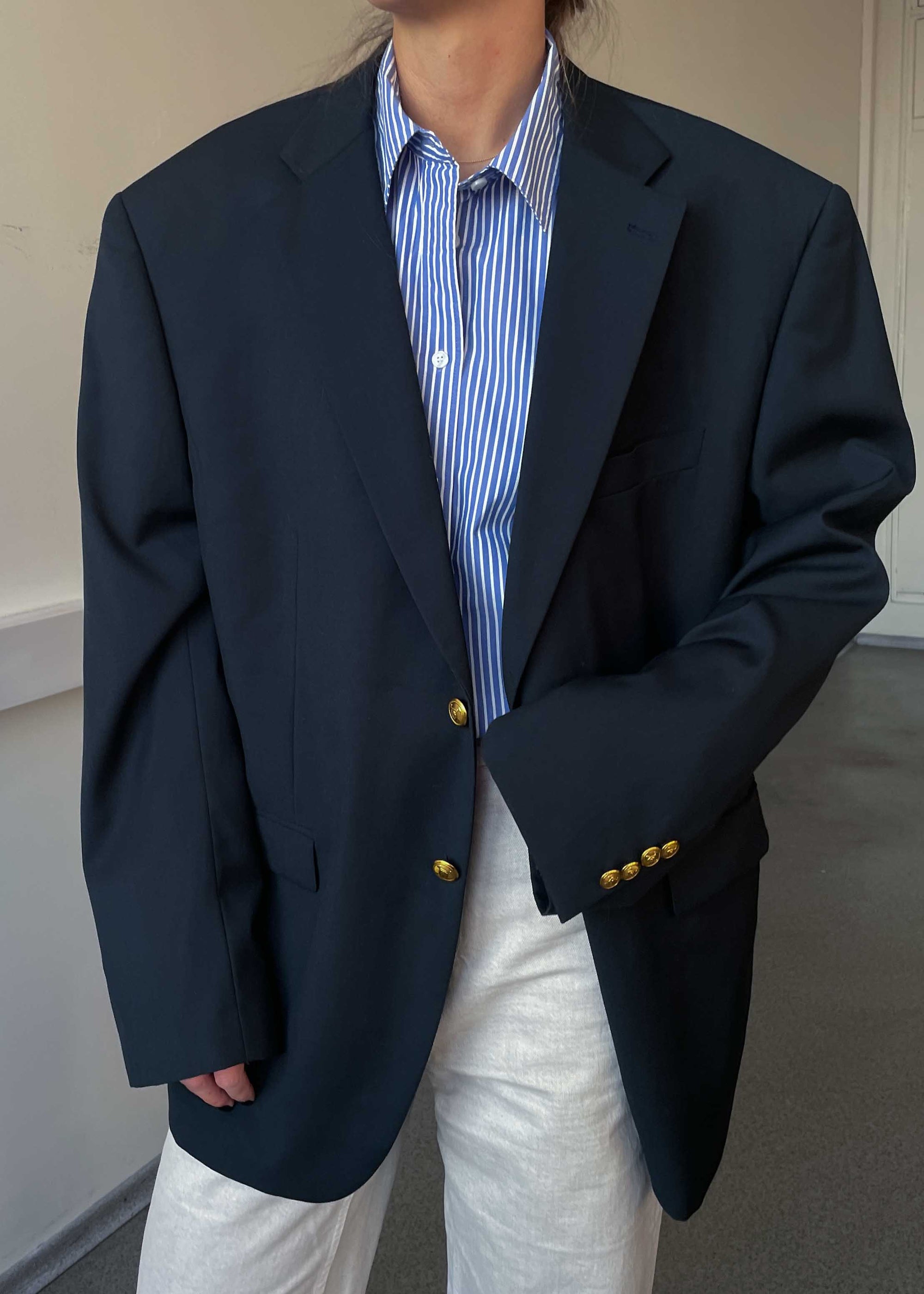 Vintage Dark Blue Oversized Blazer with Golden Buttons