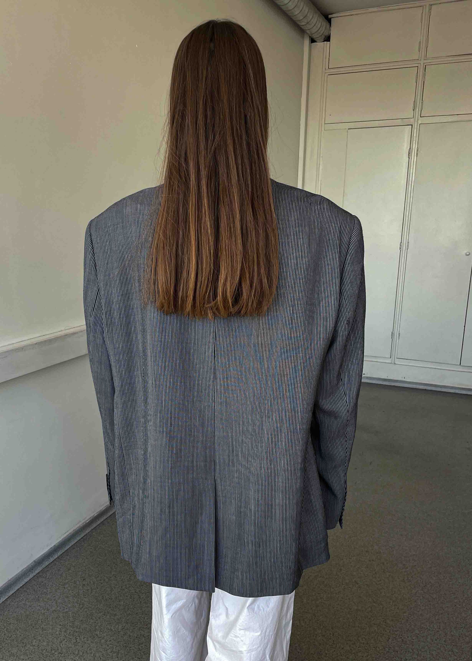 Vintage Dark Blue & Grey Striped Oversized Blazer