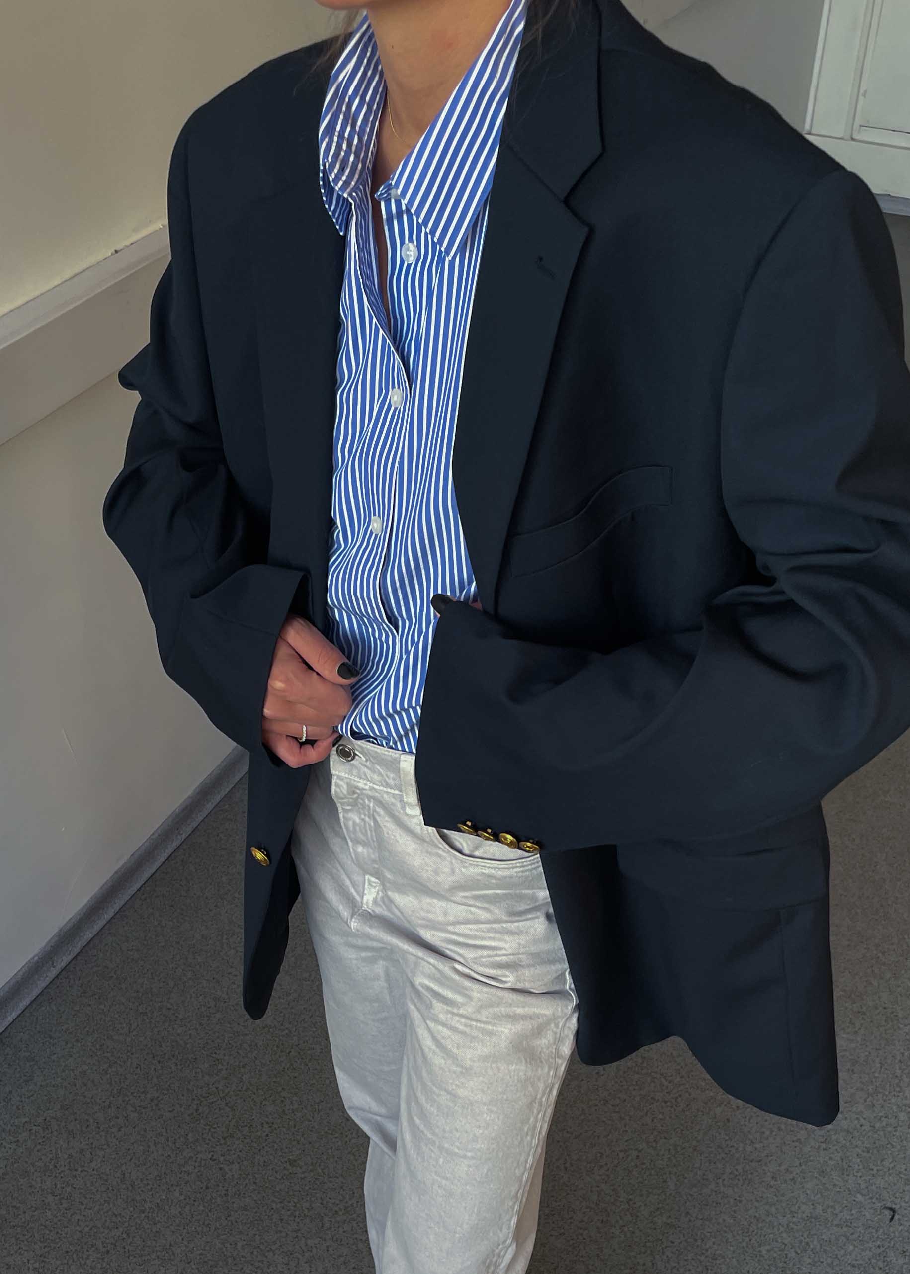 Vintage Dark Blue Oversized Blazer with Golden Buttons