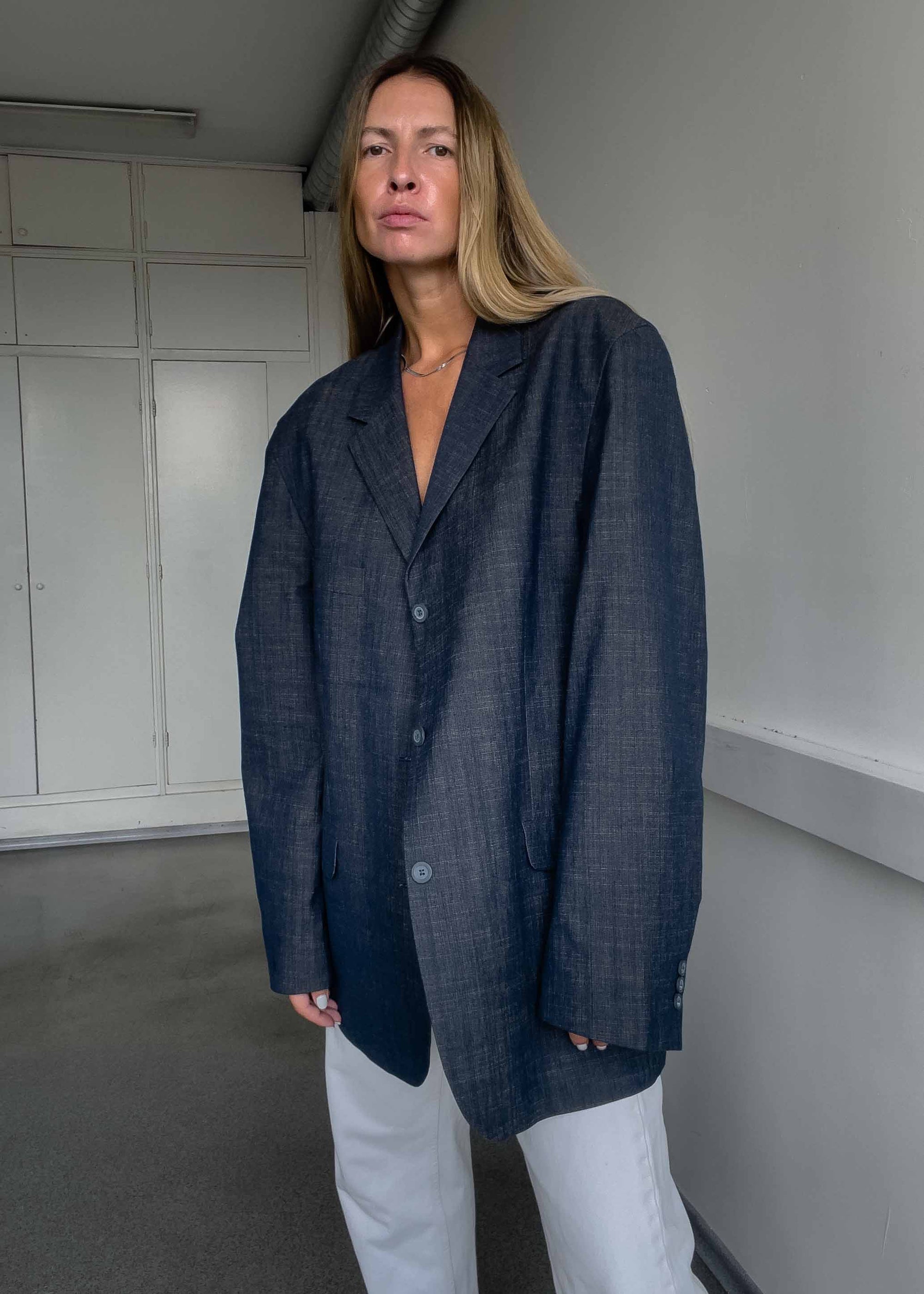 Vintage Blue Oversized Cotton Blazer