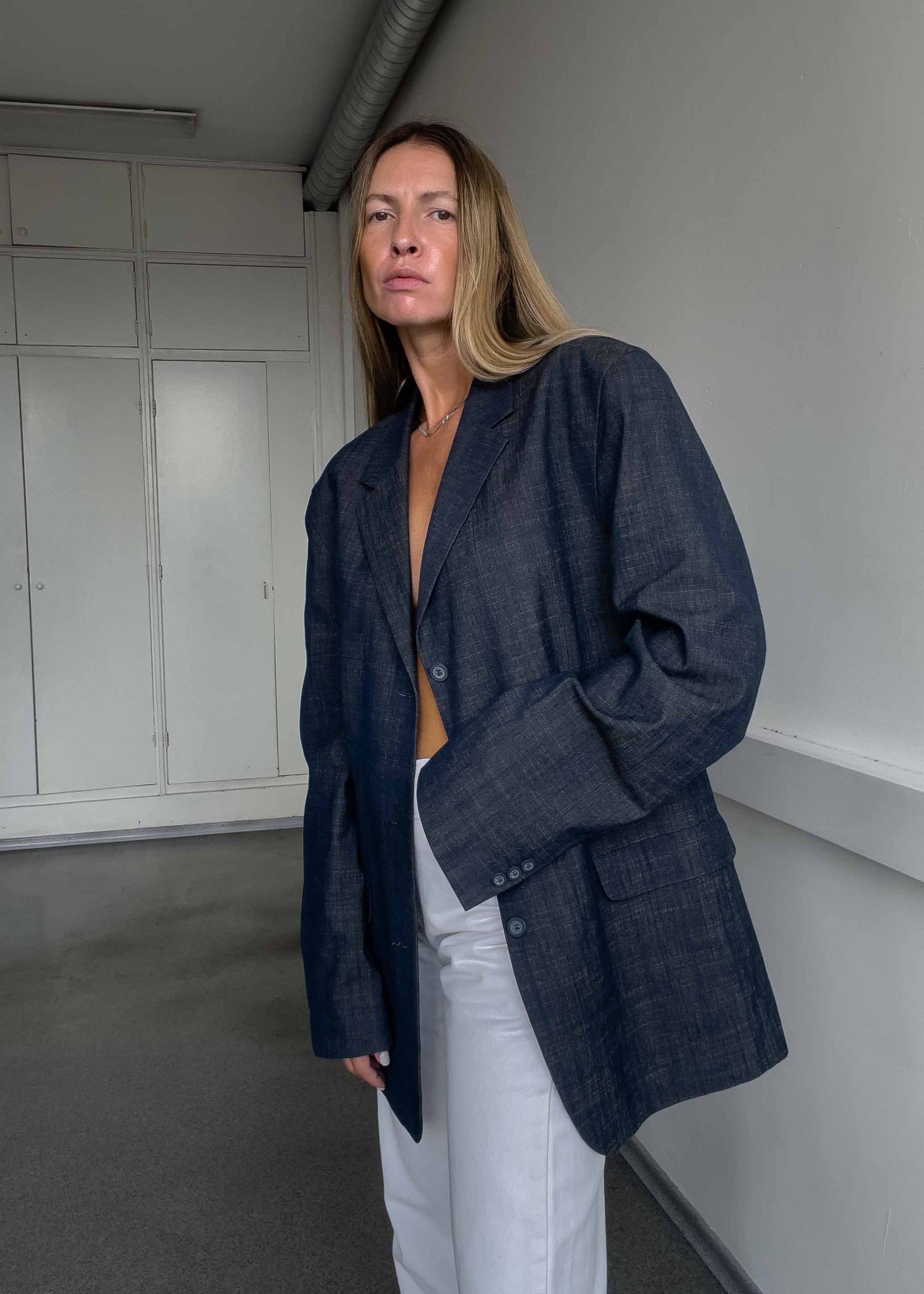 Vintage Blue Oversized Cotton Blazer