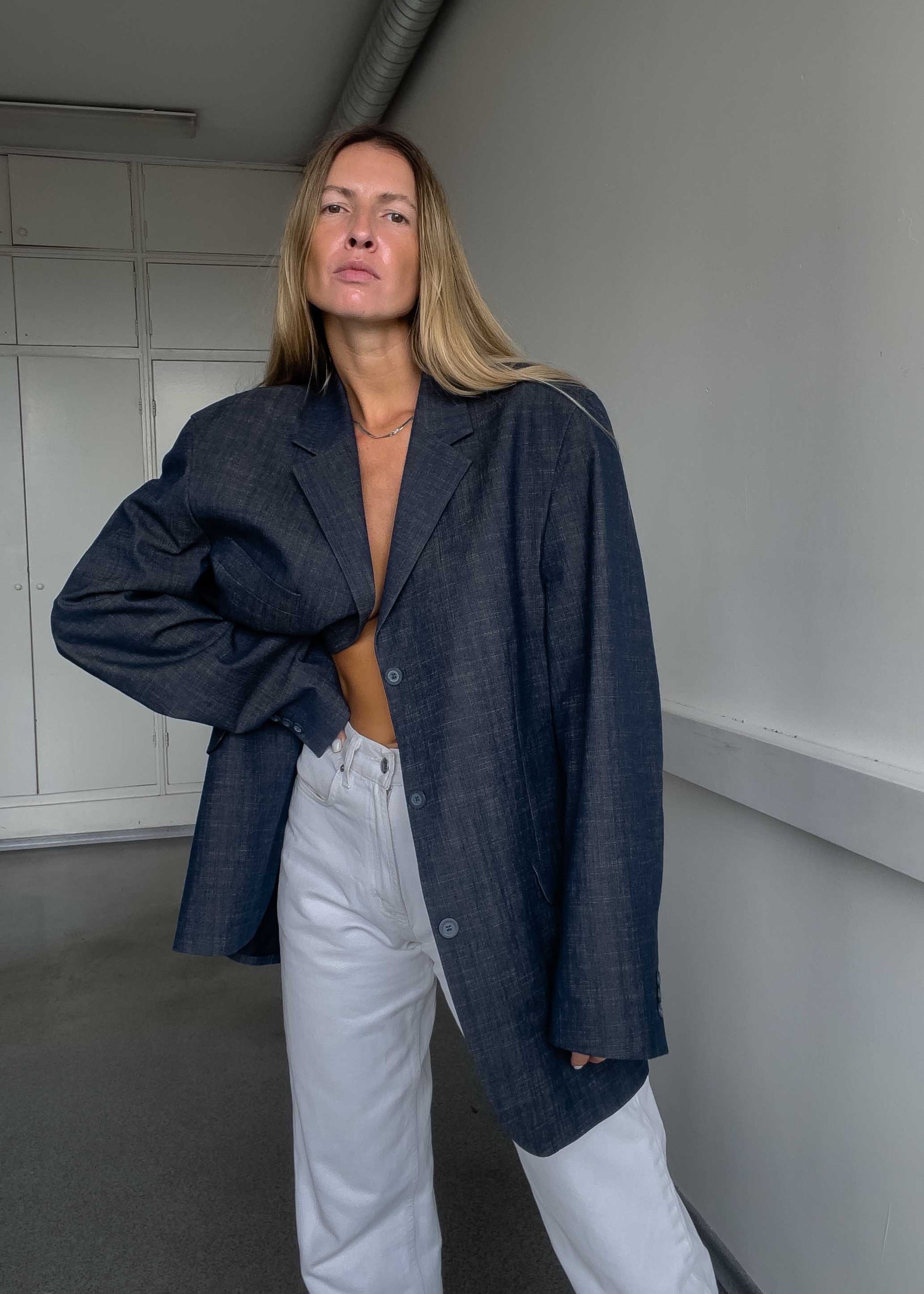 Vintage Blue Oversized Cotton Blazer