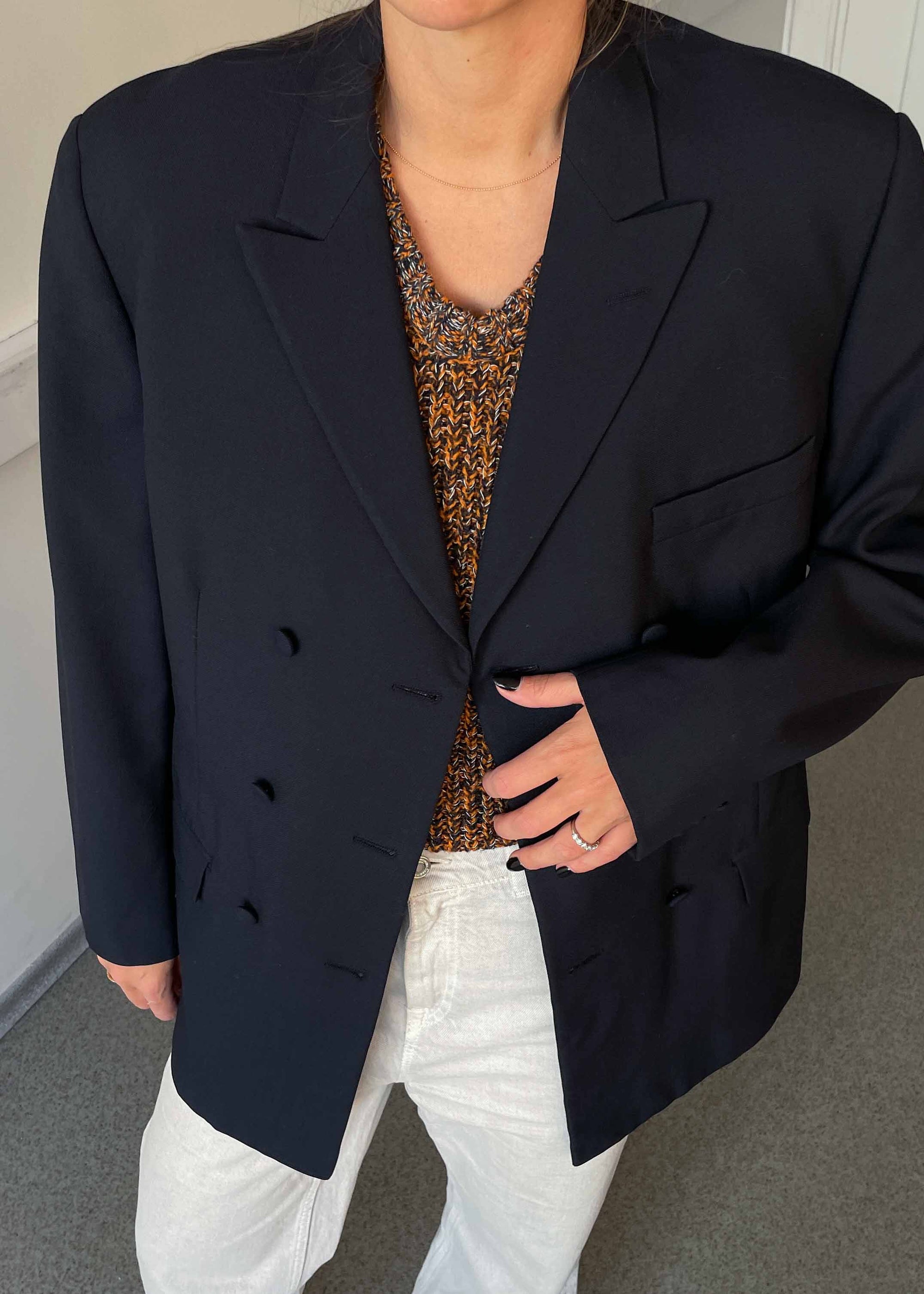 Vintage Navy Blue Oversized 100% WOOL Double Breasted Blazer
