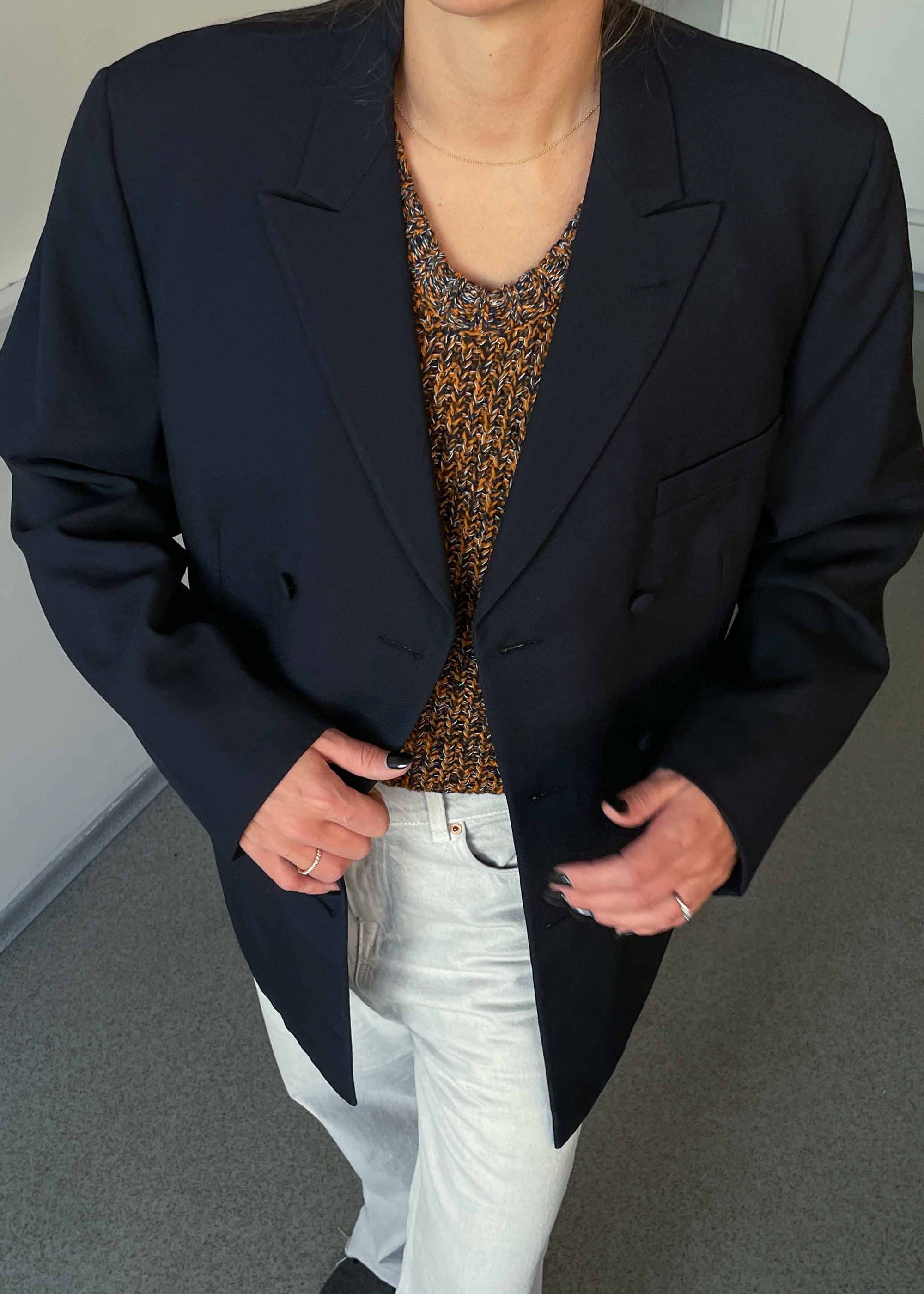 Vintage Navy Blue Oversized 100% WOOL Double Breasted Blazer