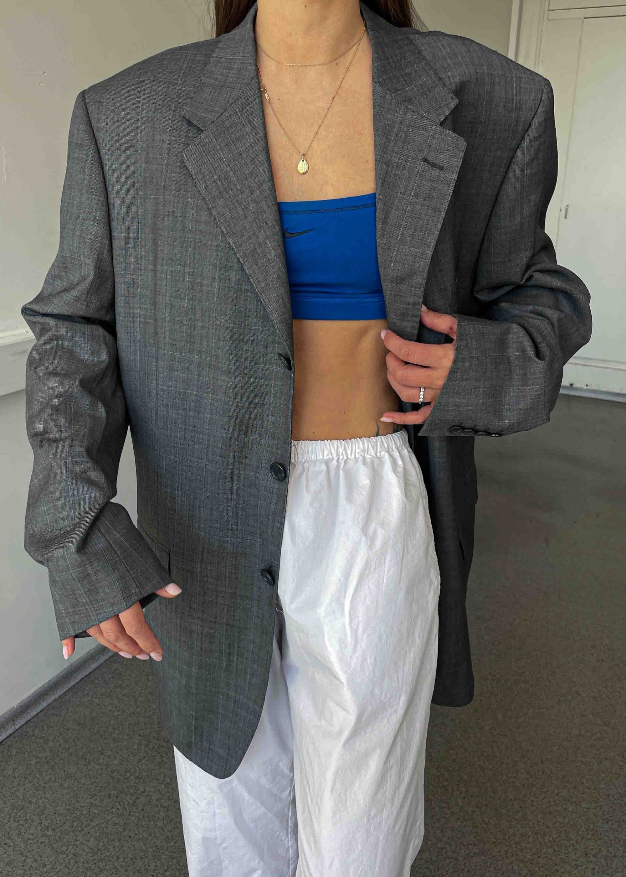 Vintage Grey Patterned Oversized 100% WOOL Blazer