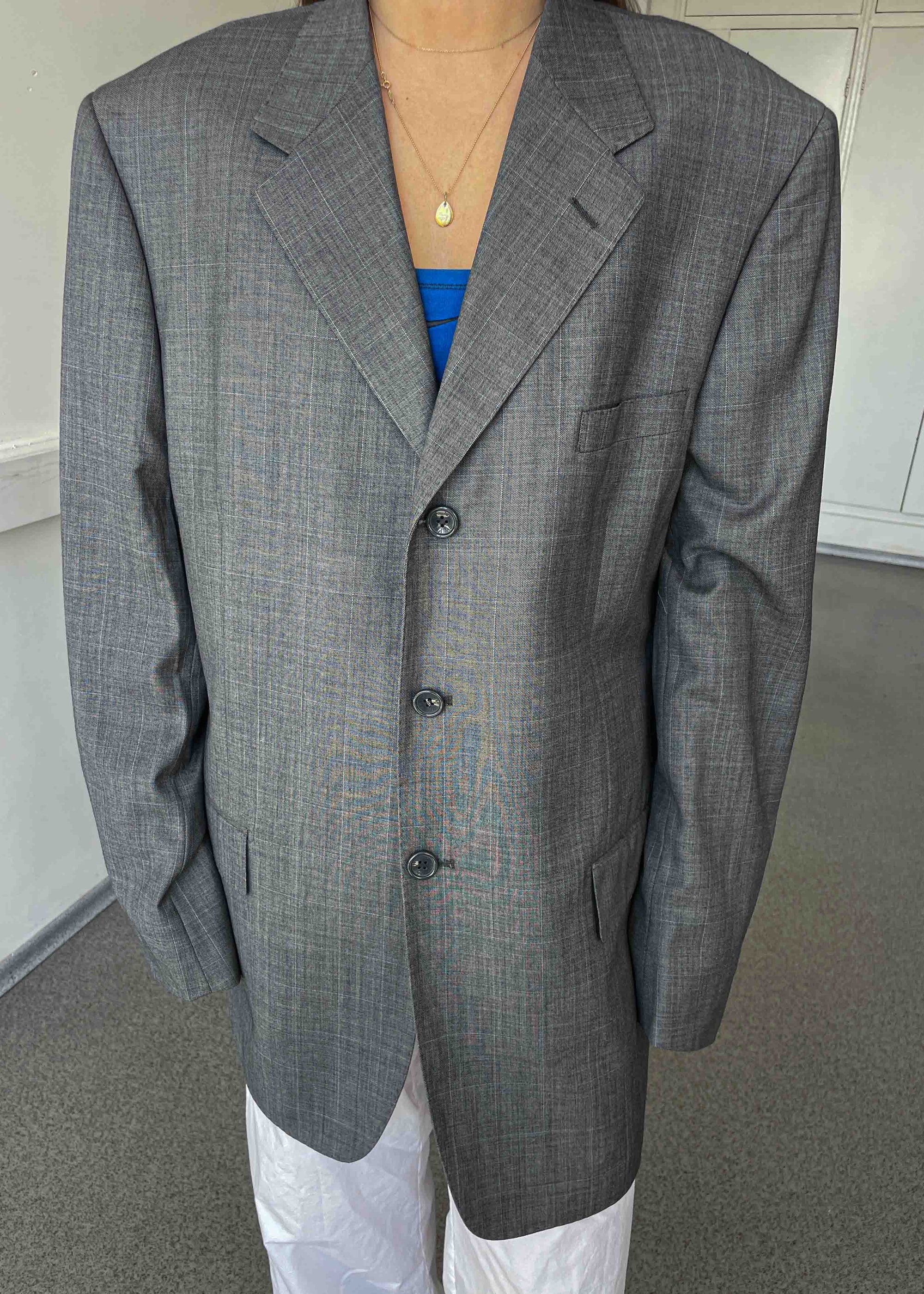 Vintage Grey Patterned Oversized 100% WOOL Blazer