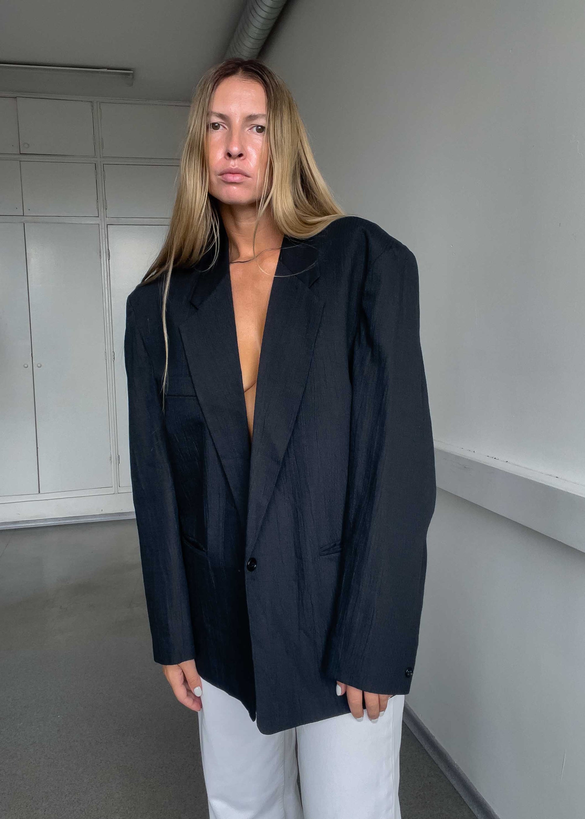 Vintage Black Oversized Crinkle Cotton Blazer