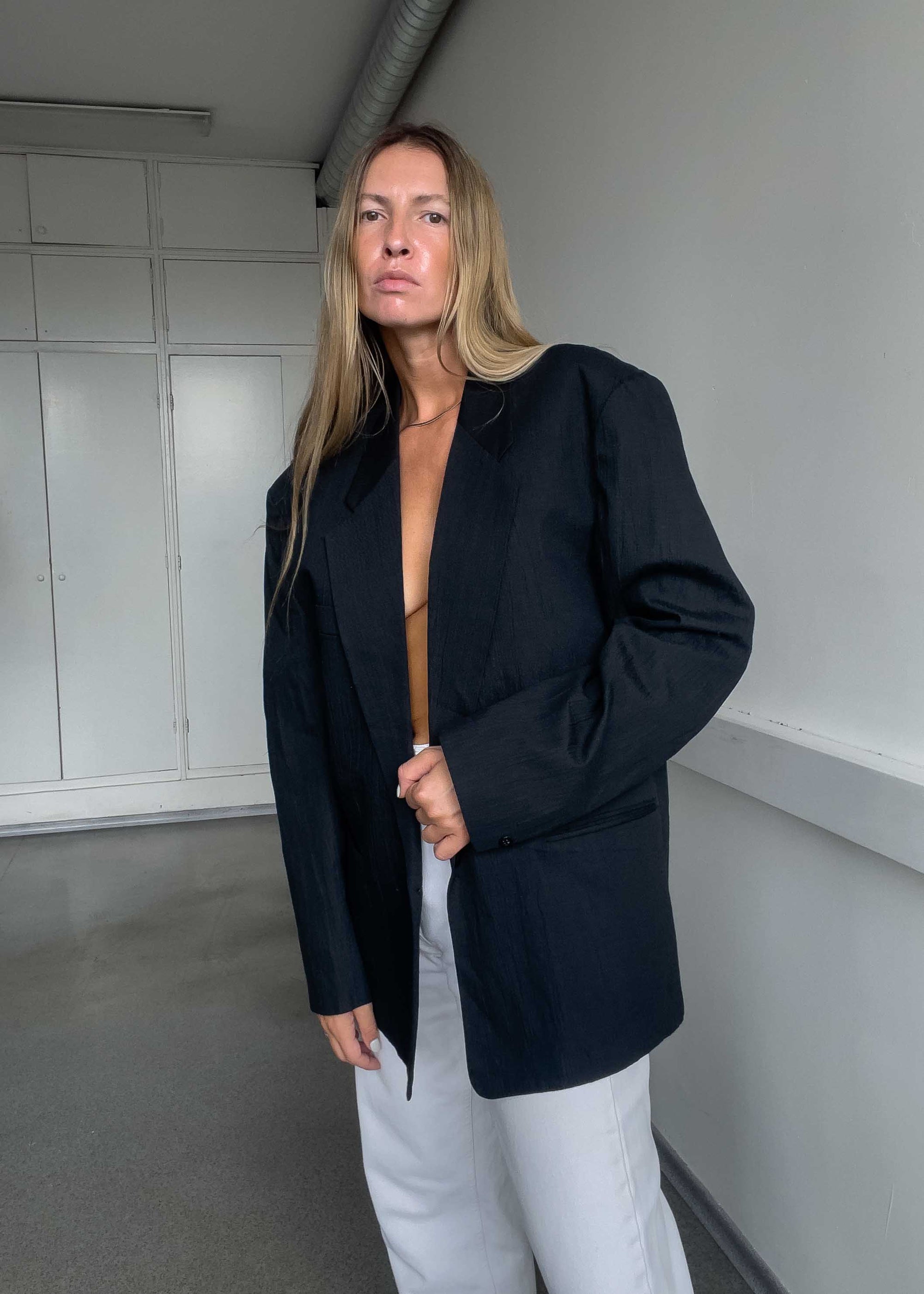 Vintage Black Oversized Crinkle Cotton Blazer