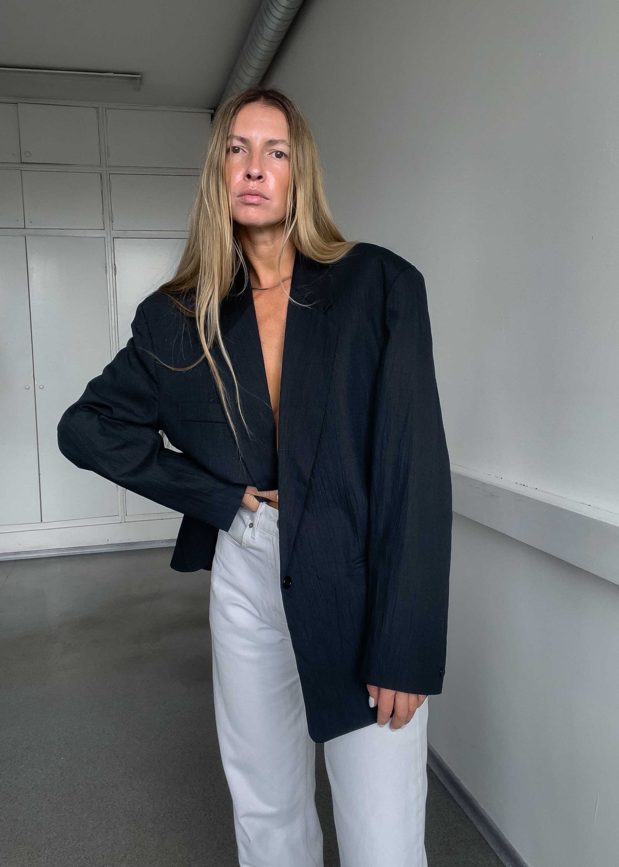 Vintage Black Oversized Crinkle Cotton Blazer