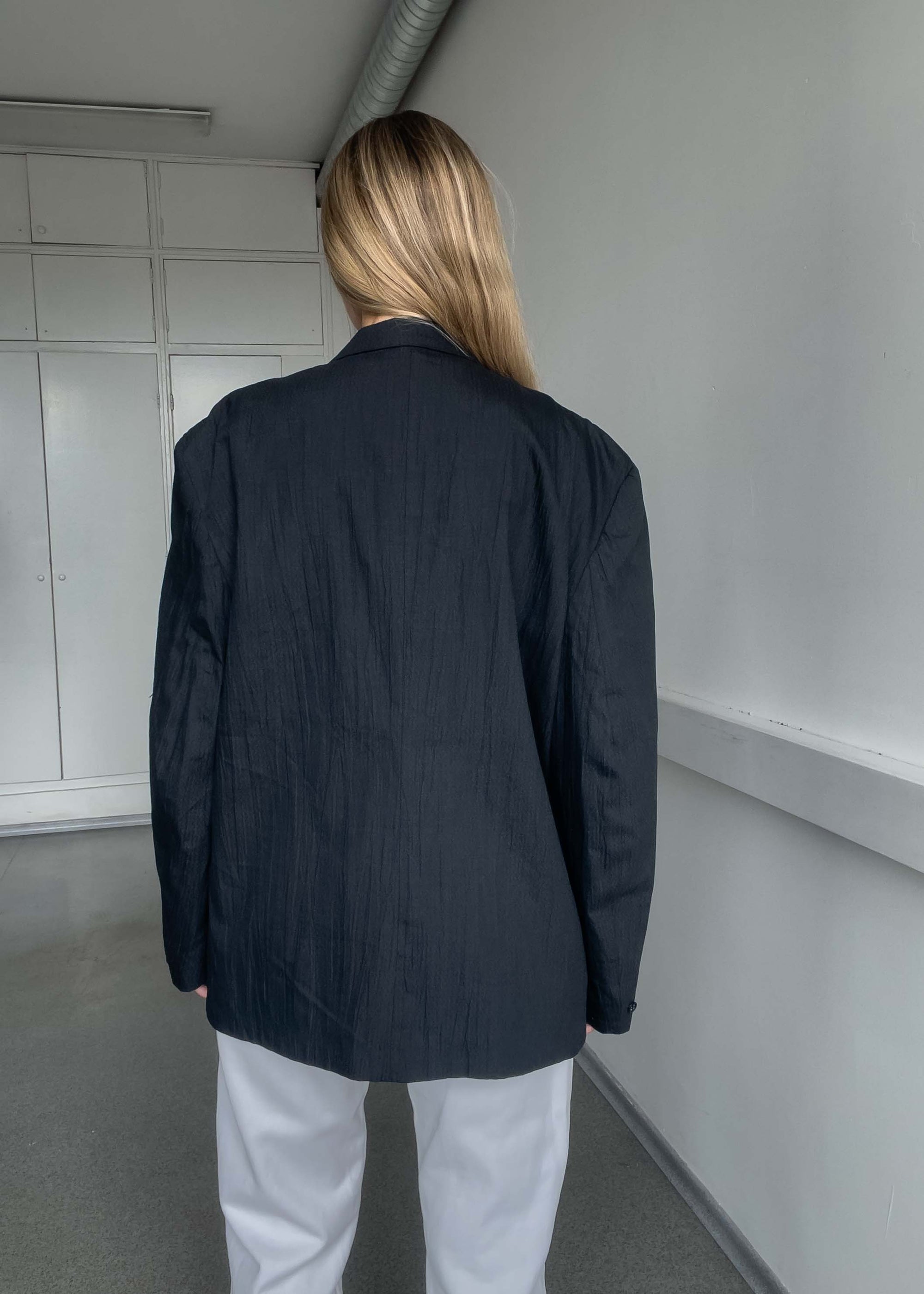 Vintage Black Oversized Crinkle Cotton Blazer
