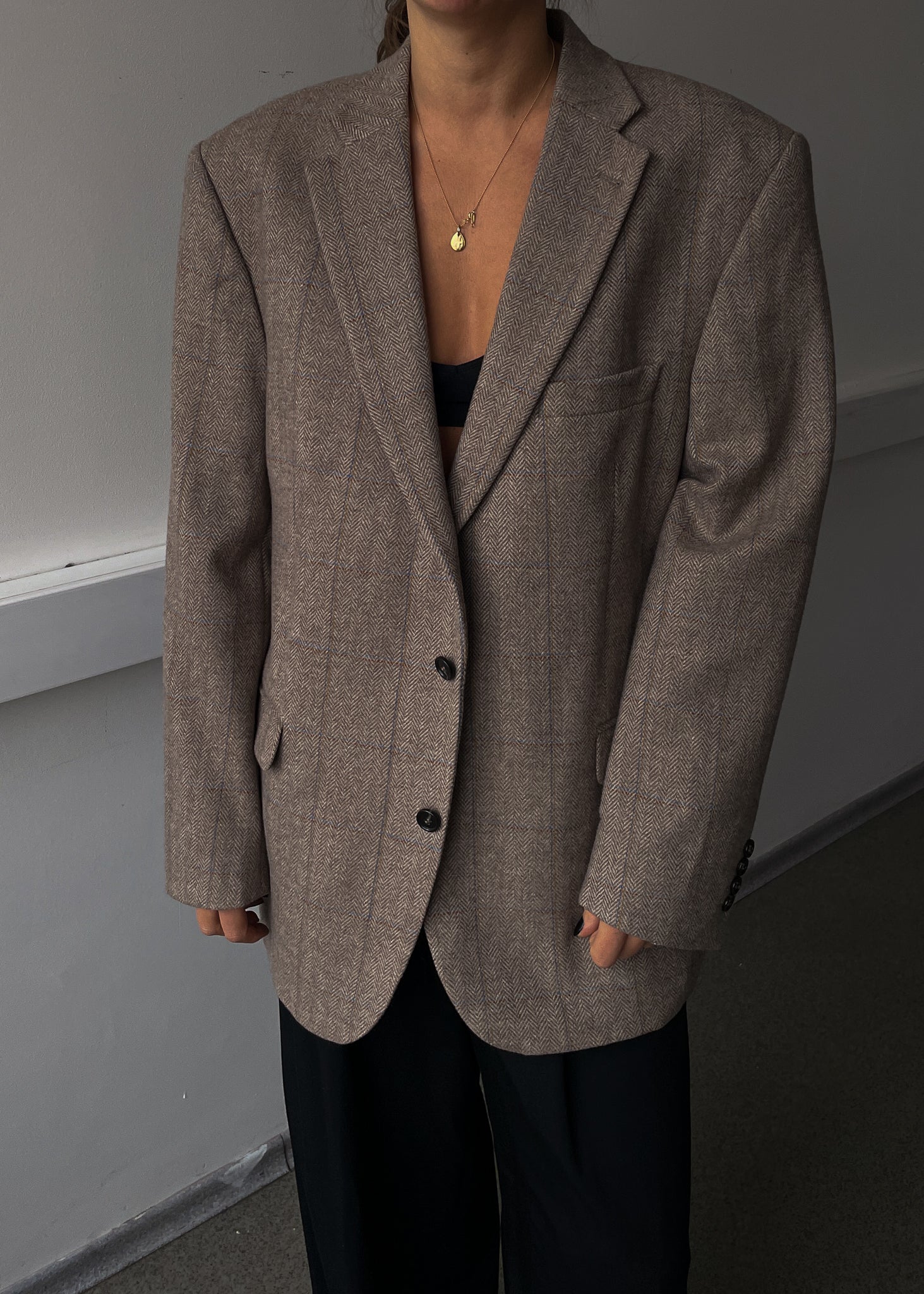 Vintage Beige Patterned Oversized 100% WOOL Blazer