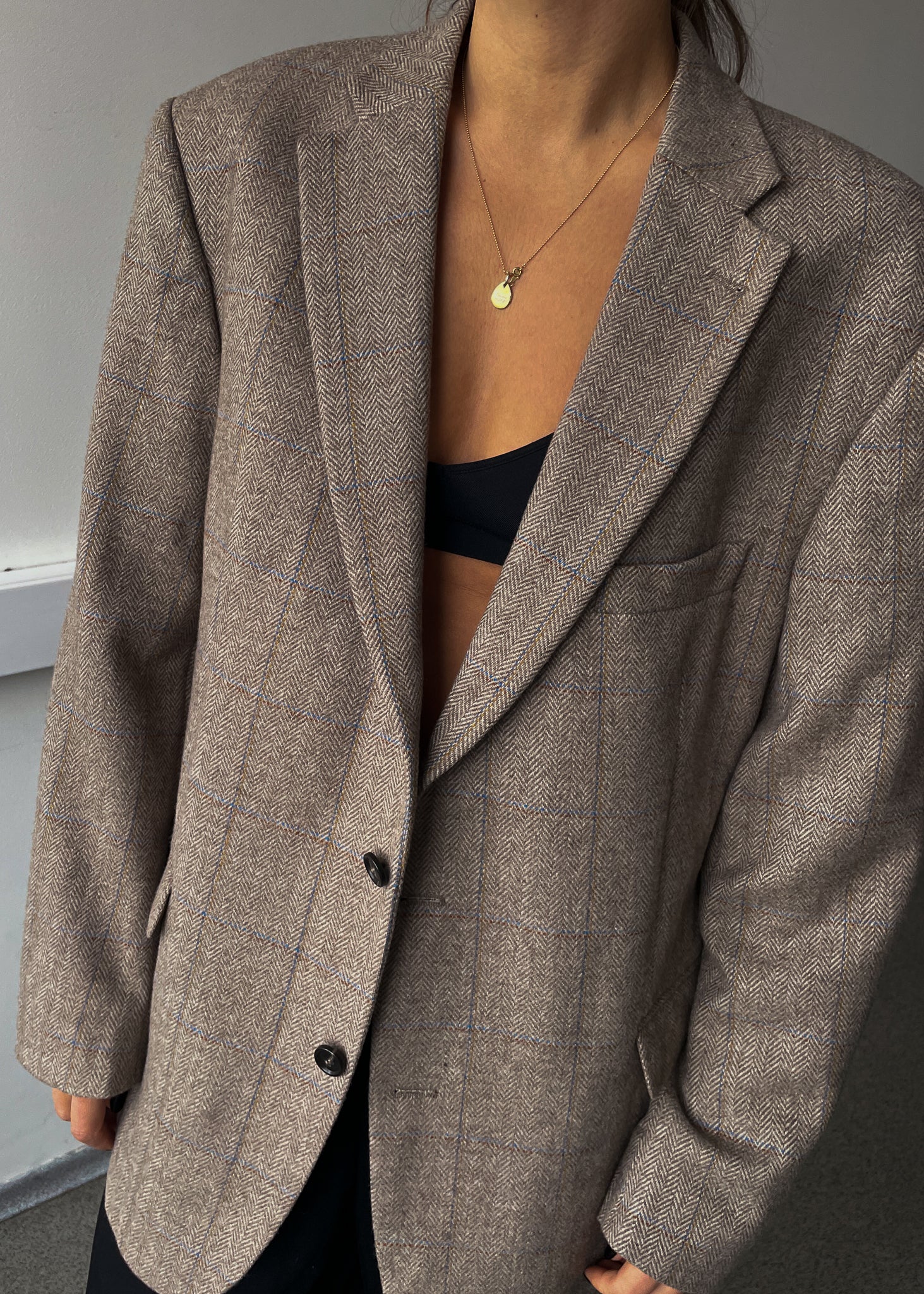 Vintage Beige Patterned Oversized 100% WOOL Blazer