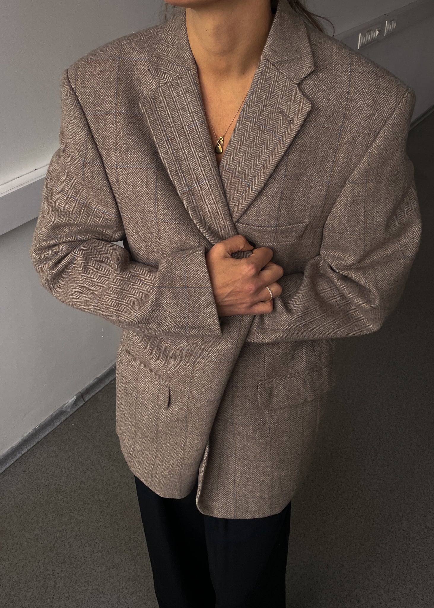 Vintage Beige Patterned Oversized 100% WOOL Blazer