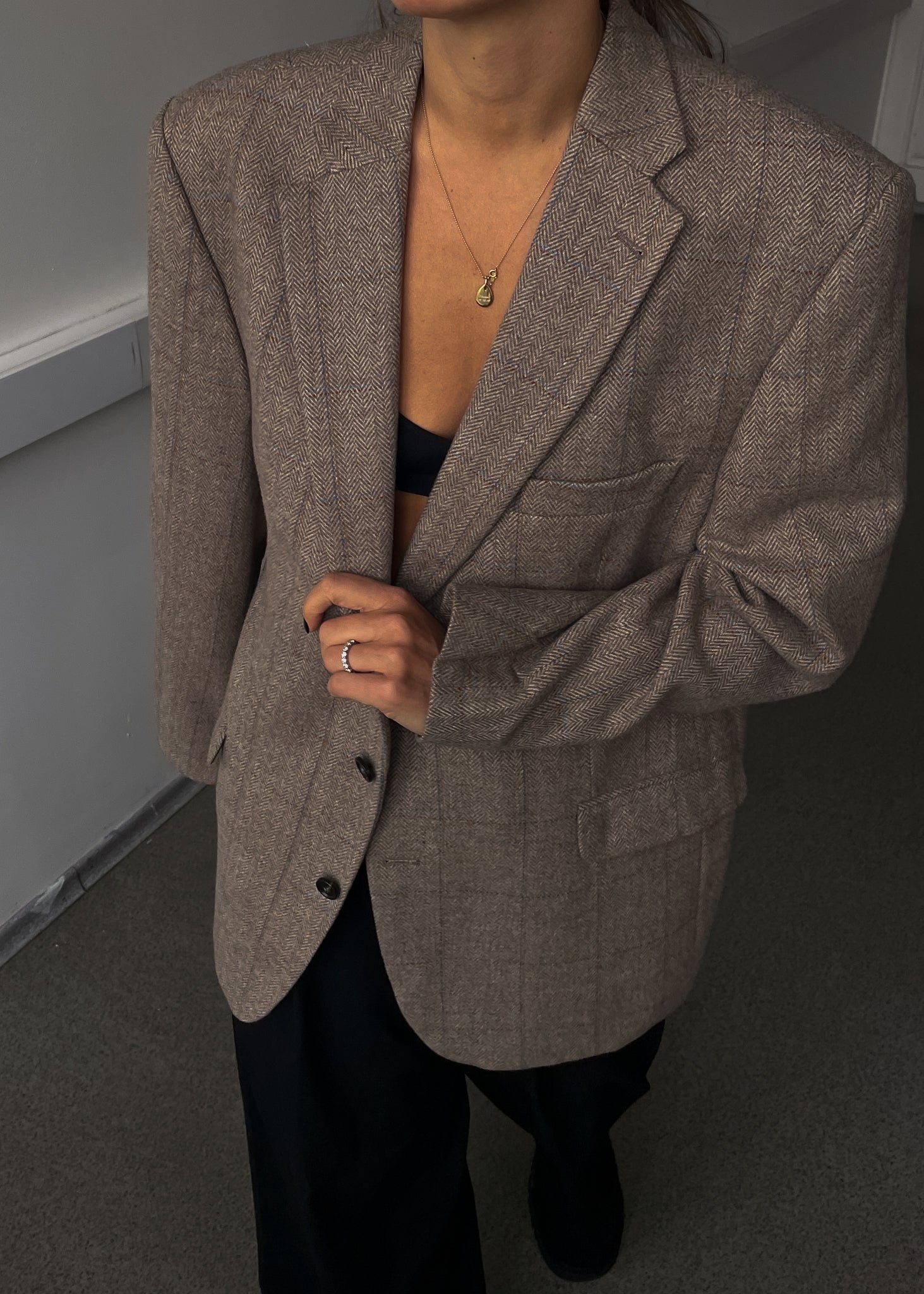 Vintage Beige Patterned Oversized 100% WOOL Blazer