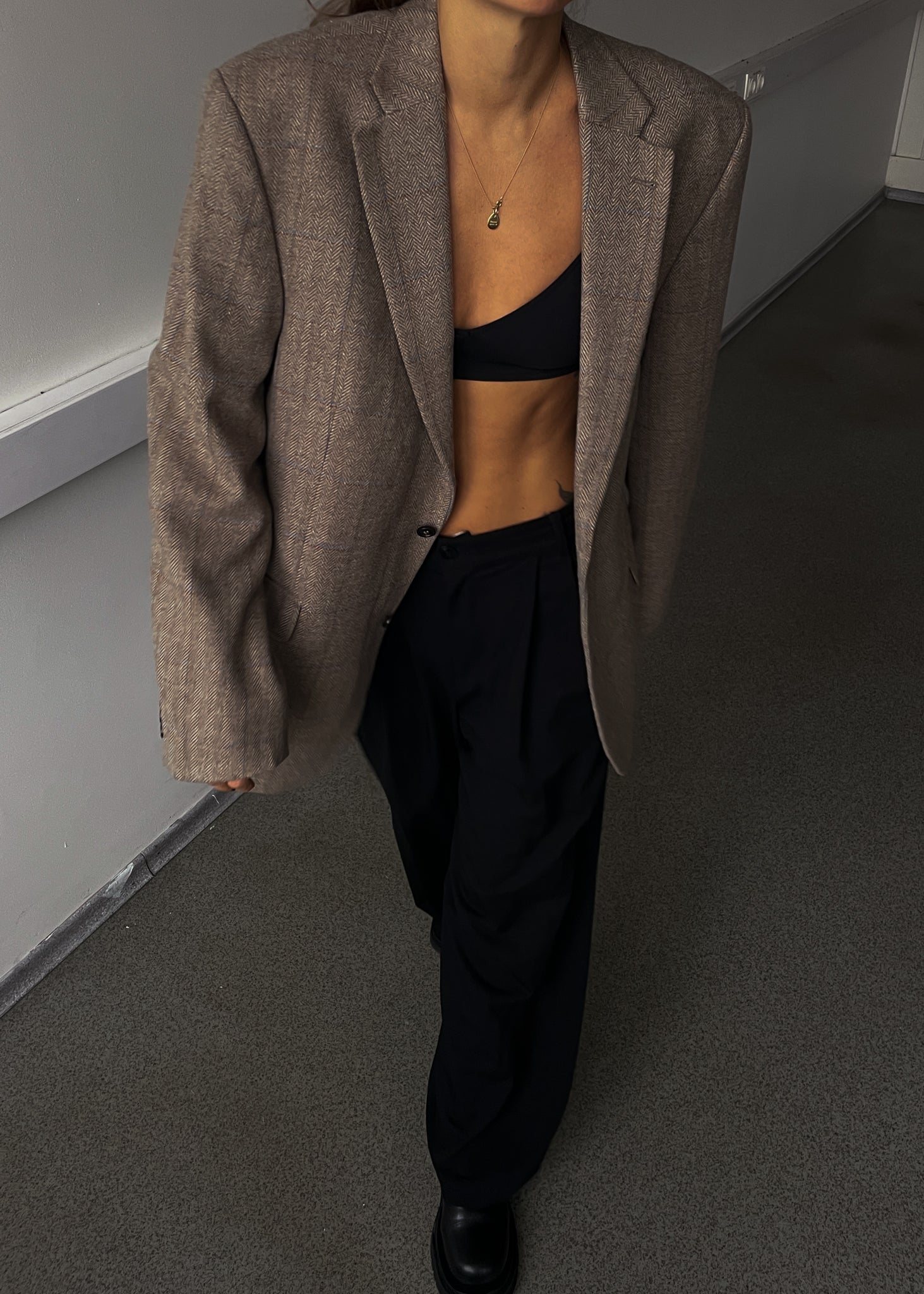 Vintage Beige Patterned Oversized 100% WOOL Blazer