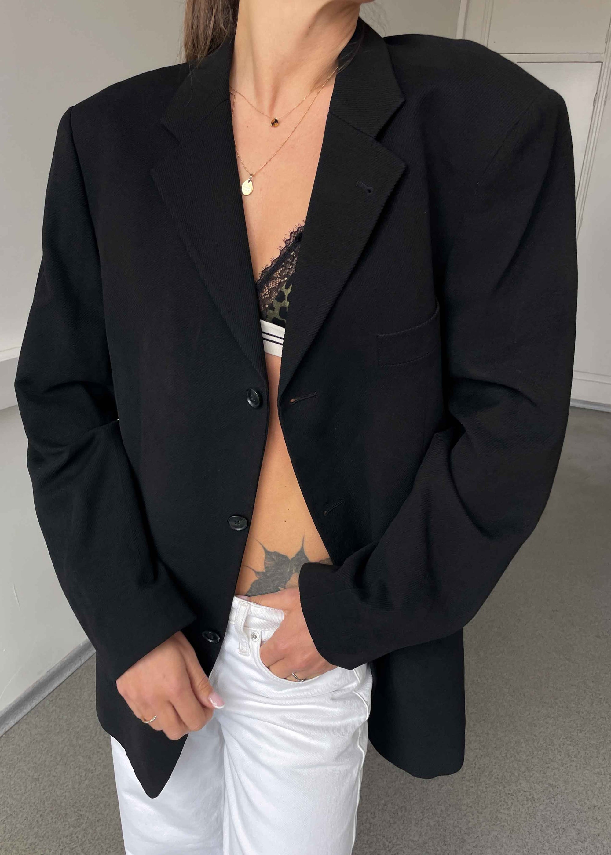 Vintage Black Patterned Oversized Velvet Blazer