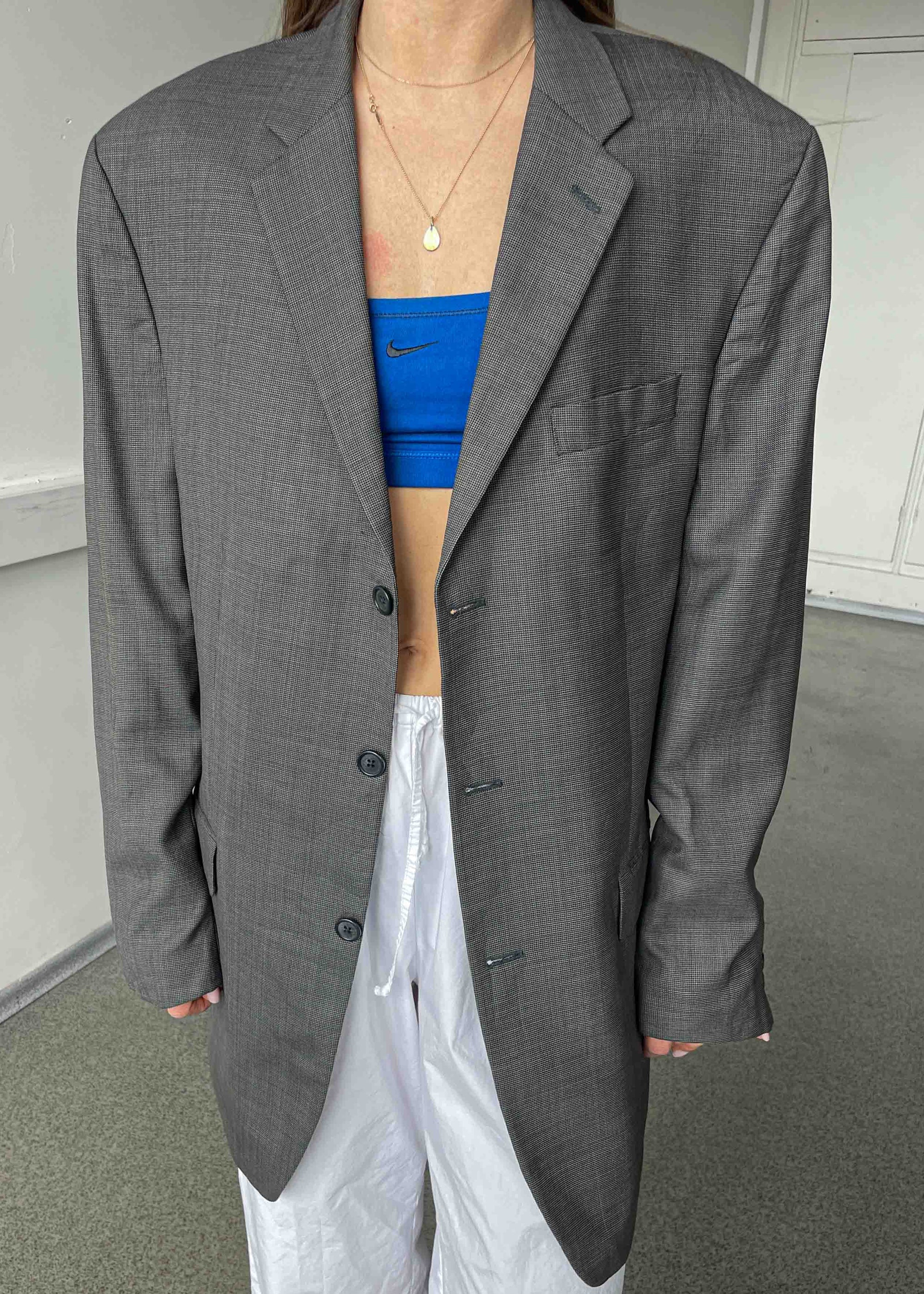 Vintage Grey Patterned Oversized 100% WOOL Blazer by CALVIN KLEIN