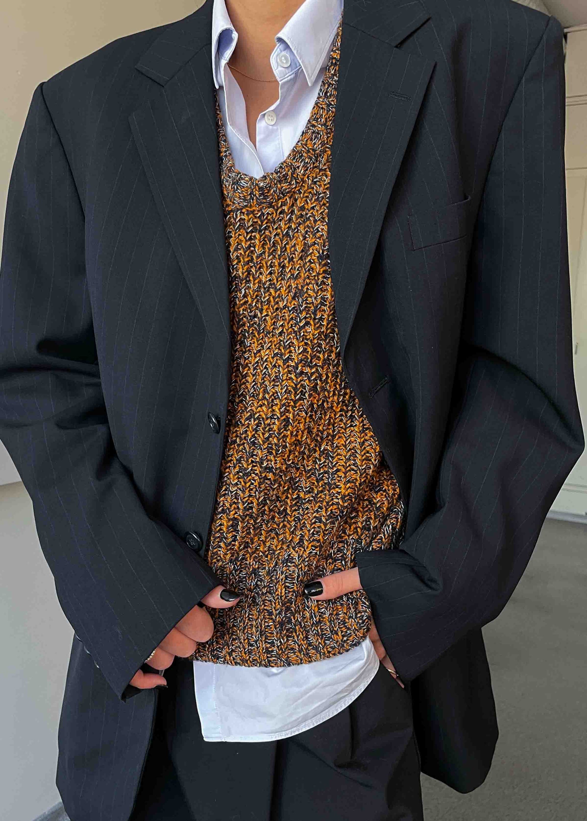 Vintage Dark Blue Stripped Oversized 100% WOOL Blazer