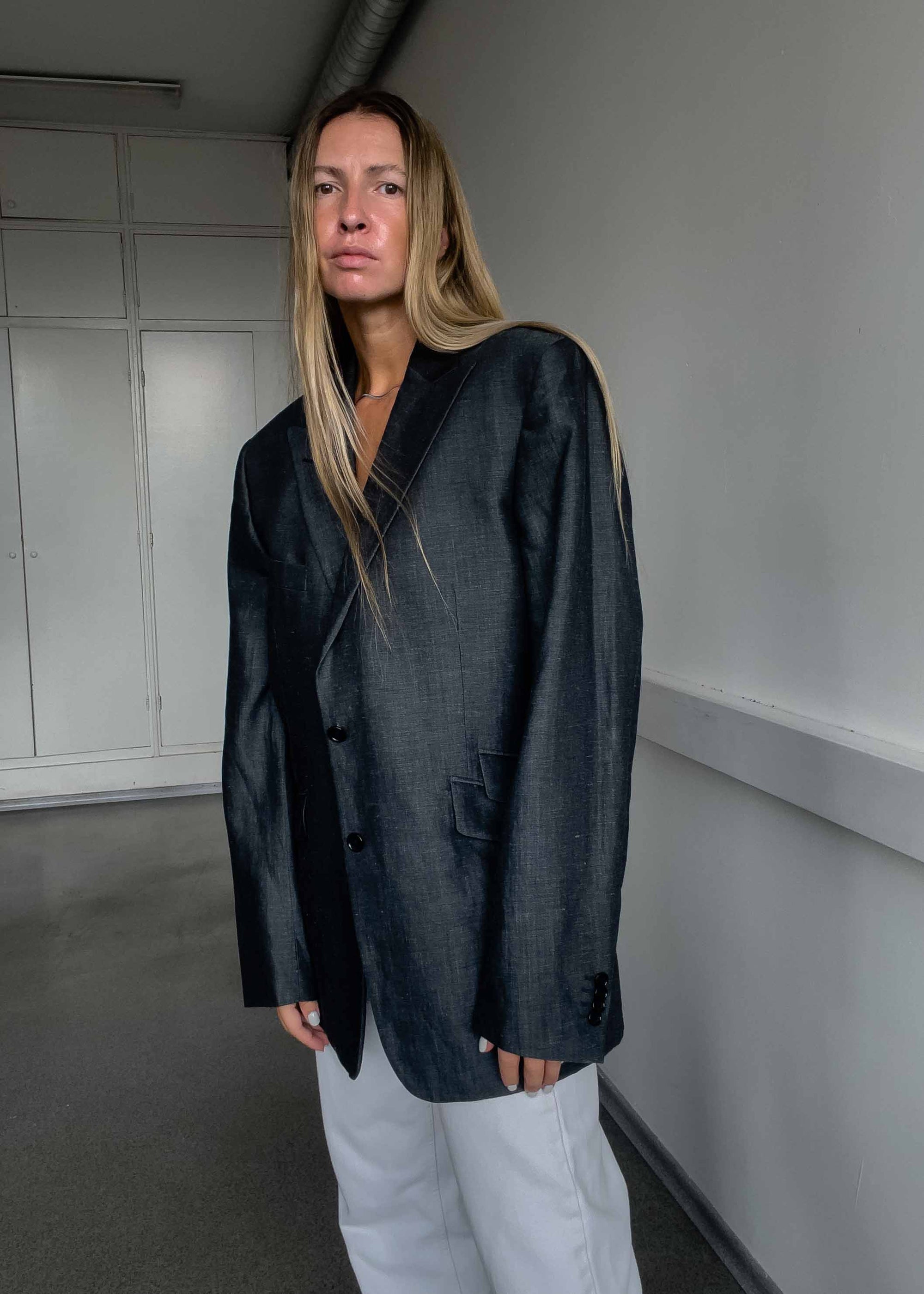 Vintage Dark Grey Oversized Linen Blazer