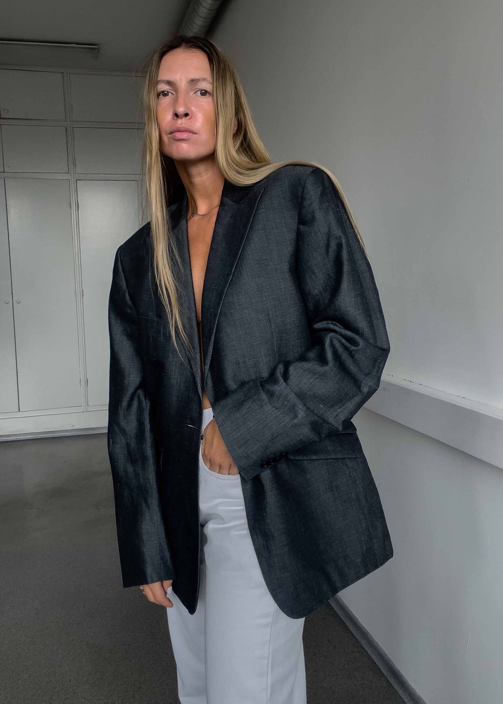 Vintage Dark Grey Oversized Linen Blazer