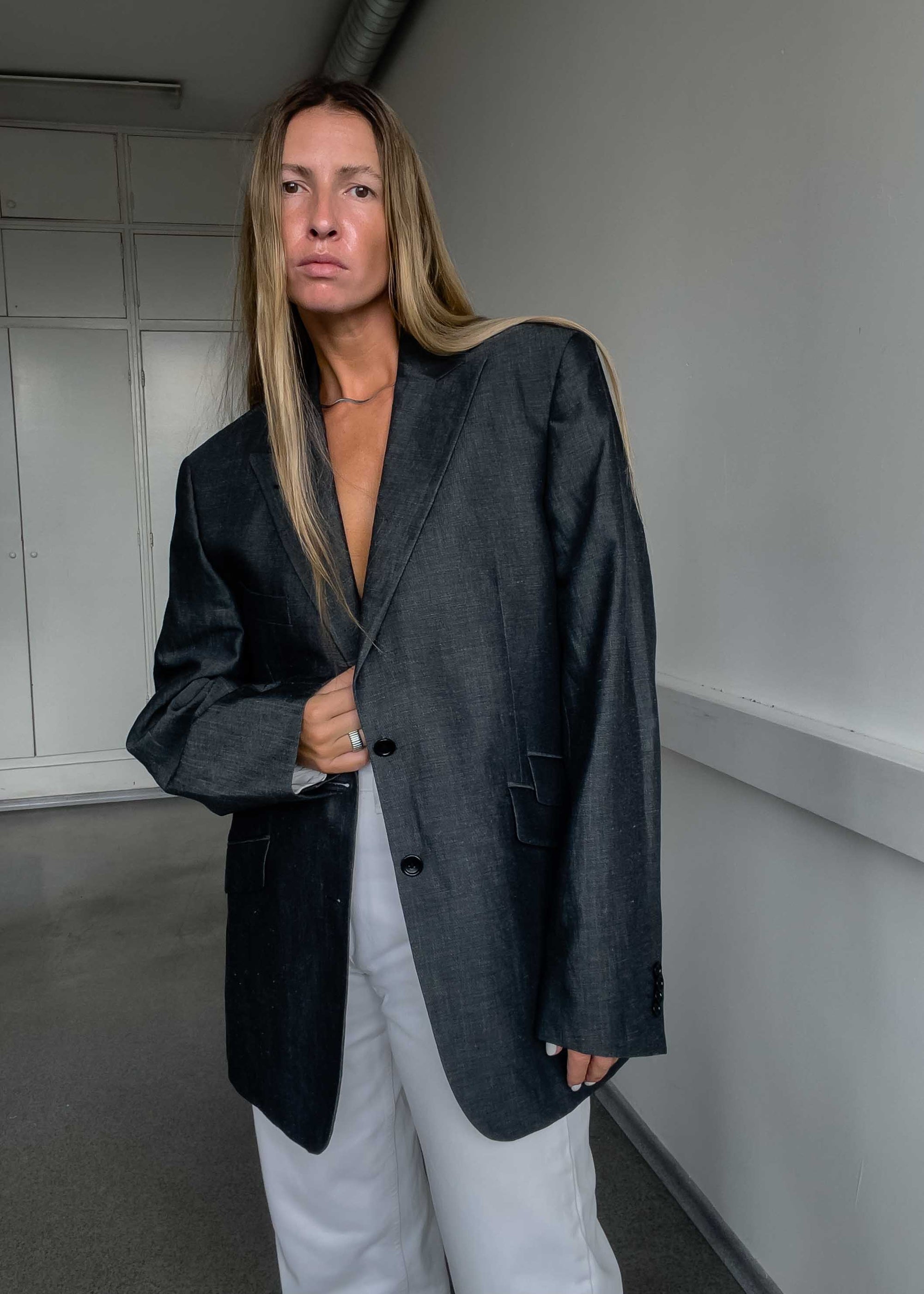 Vintage Dark Grey Oversized Linen Blazer