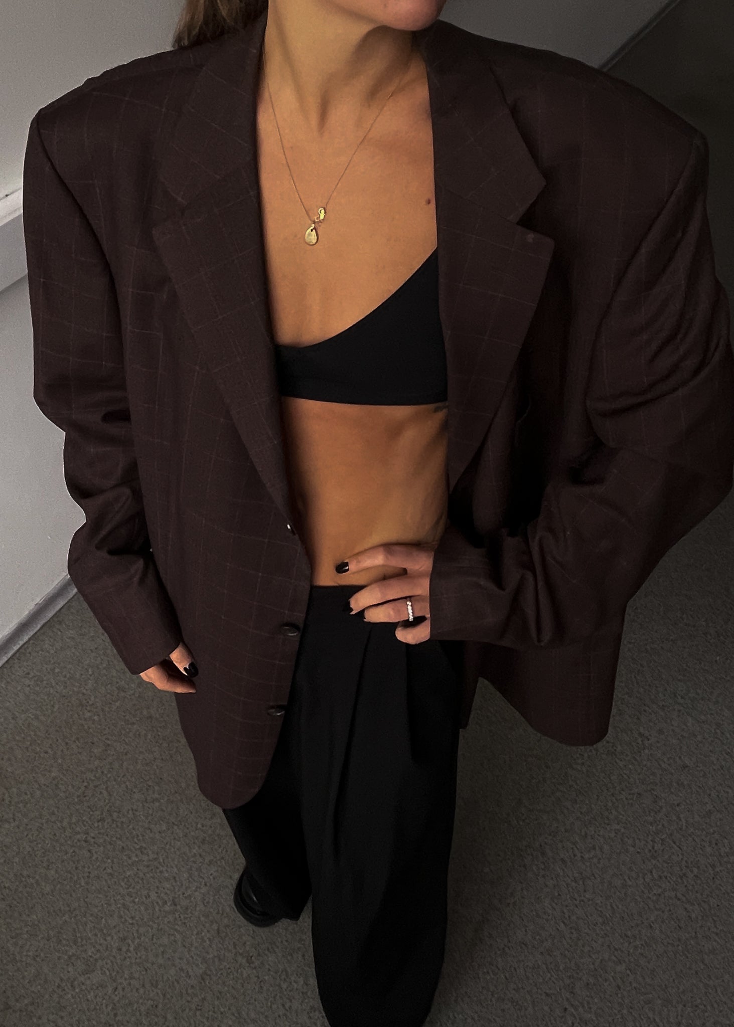 Vintage Brown Checked Oversized Blazer