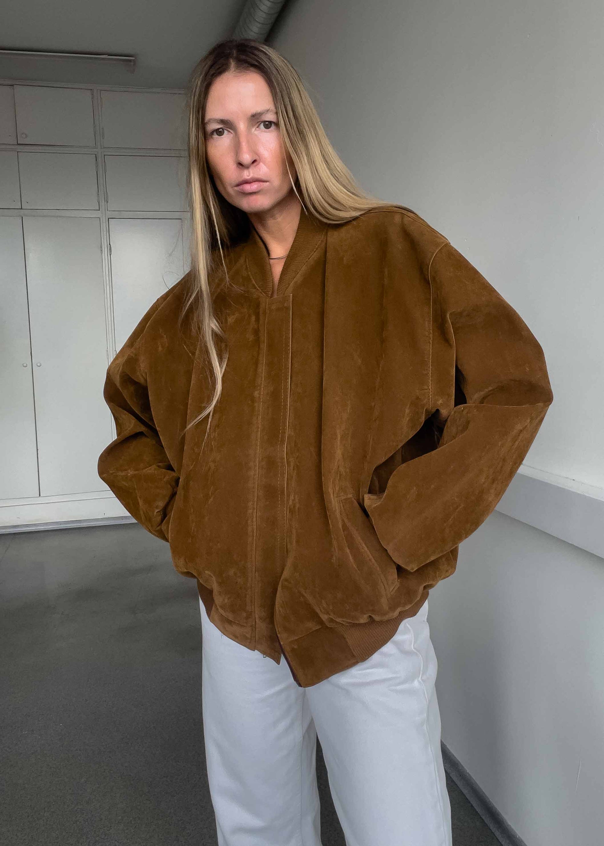 Vintage Brown Oversized Velvet Bomber Jacket