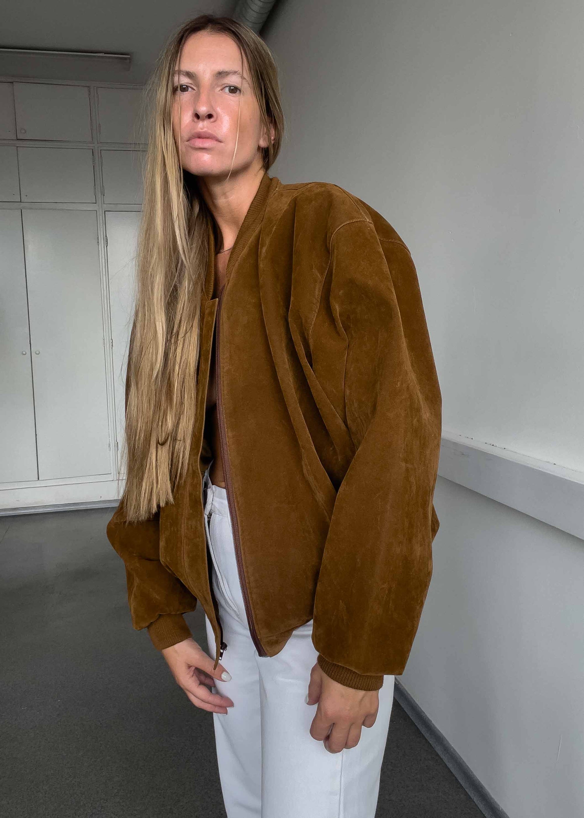 Vintage Brown Oversized Velvet Bomber Jacket
