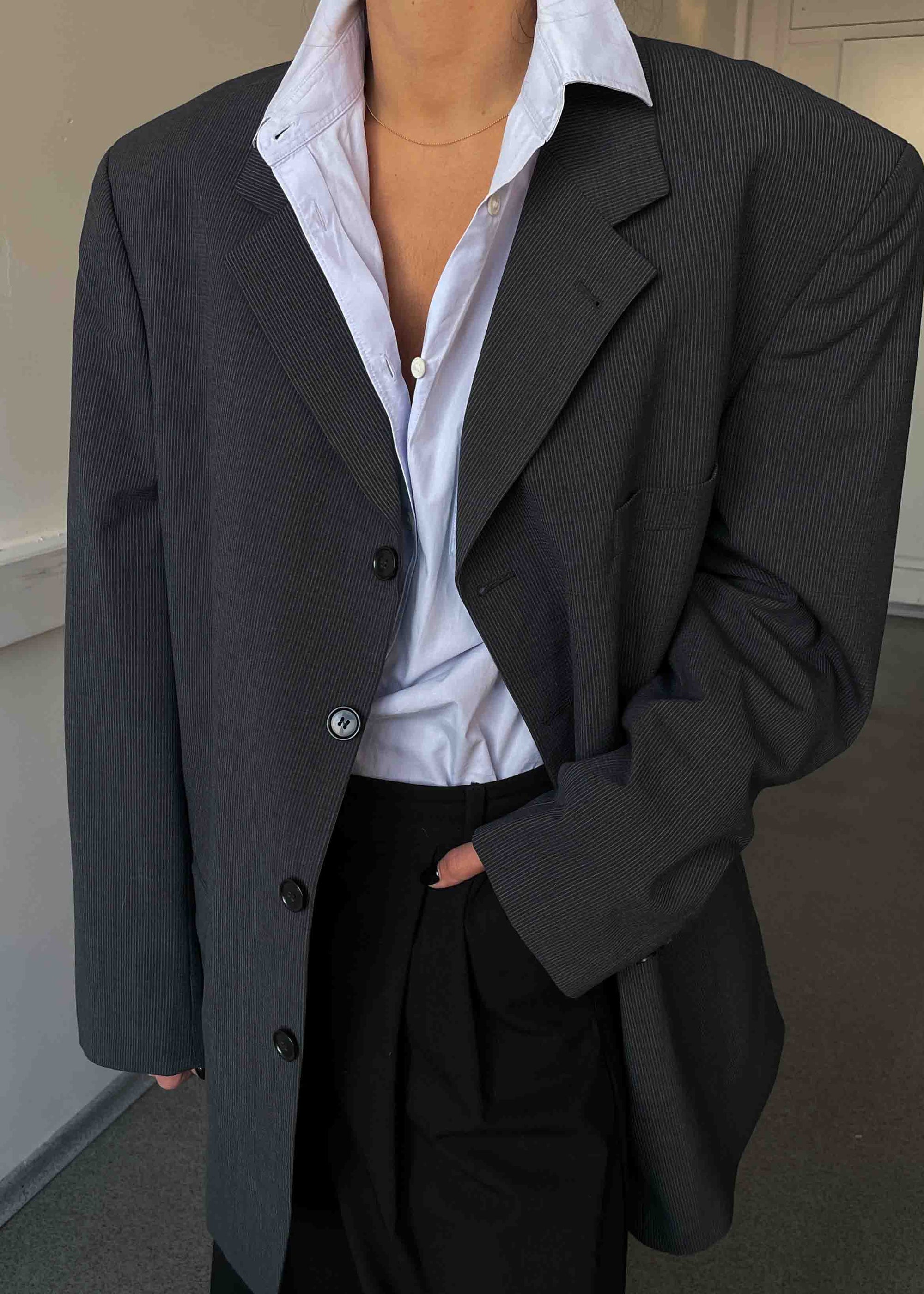 Vintage Dark Grey Stripped Oversized Blazer