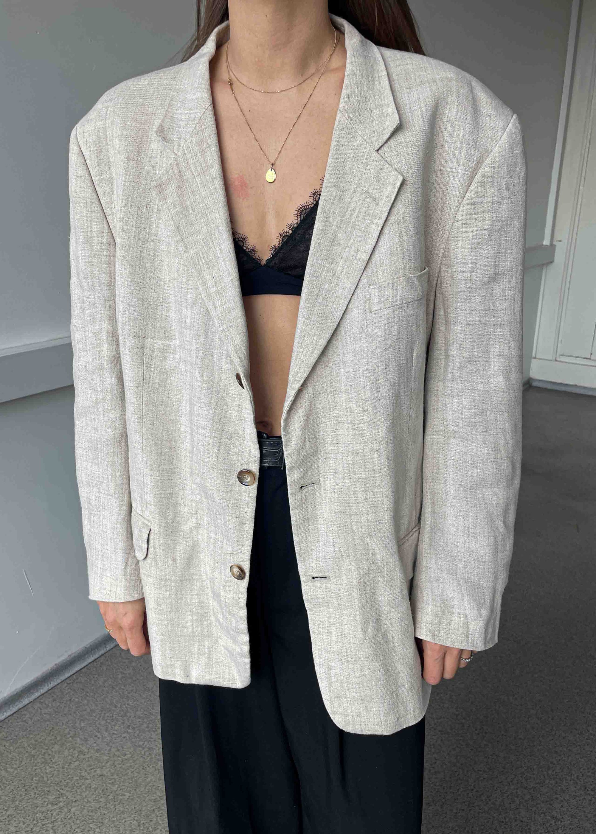 Vintage Beige Oversized Linen Blazer