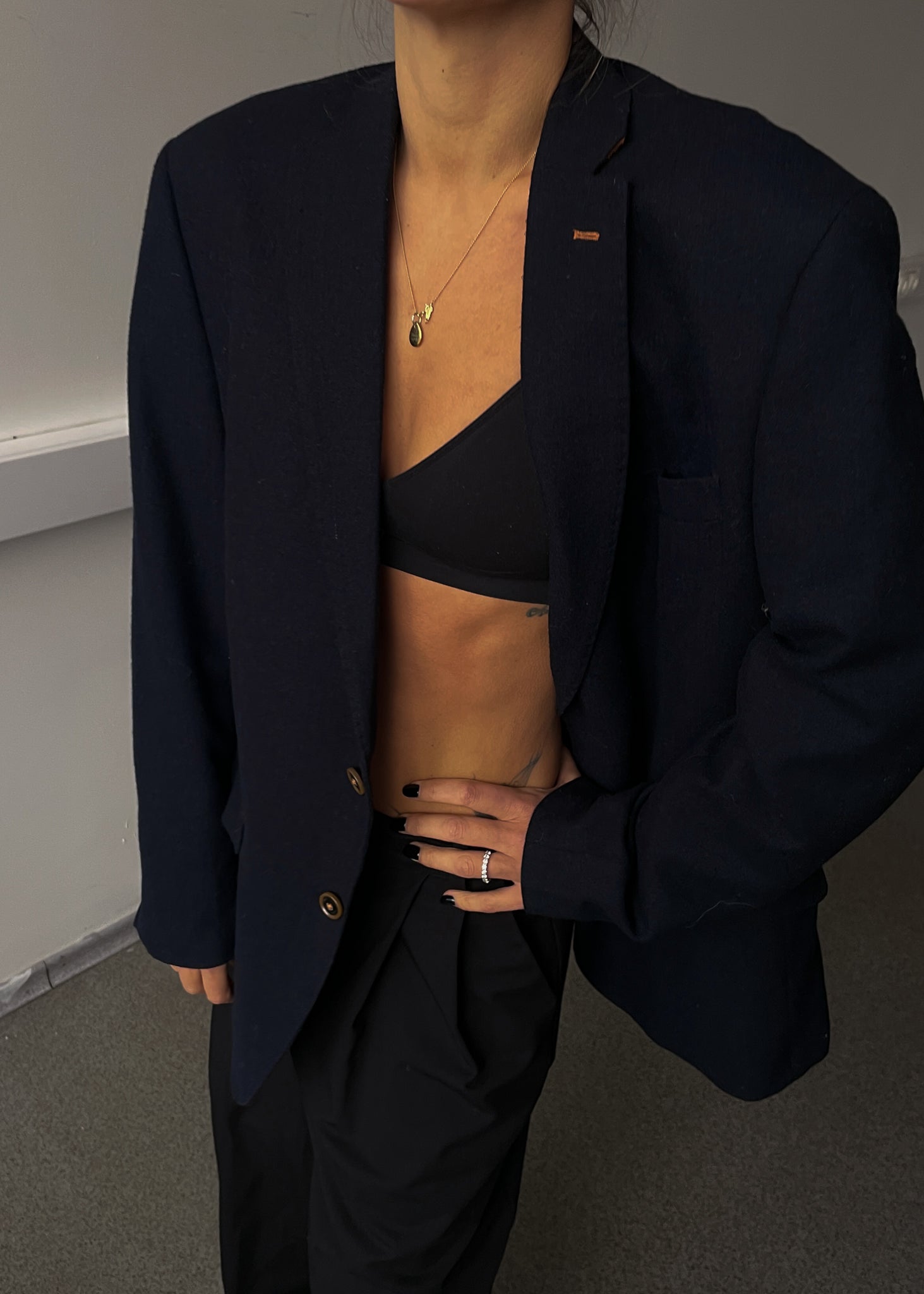 Vintage Navy Blue Brushed Wool Oversized Blazer