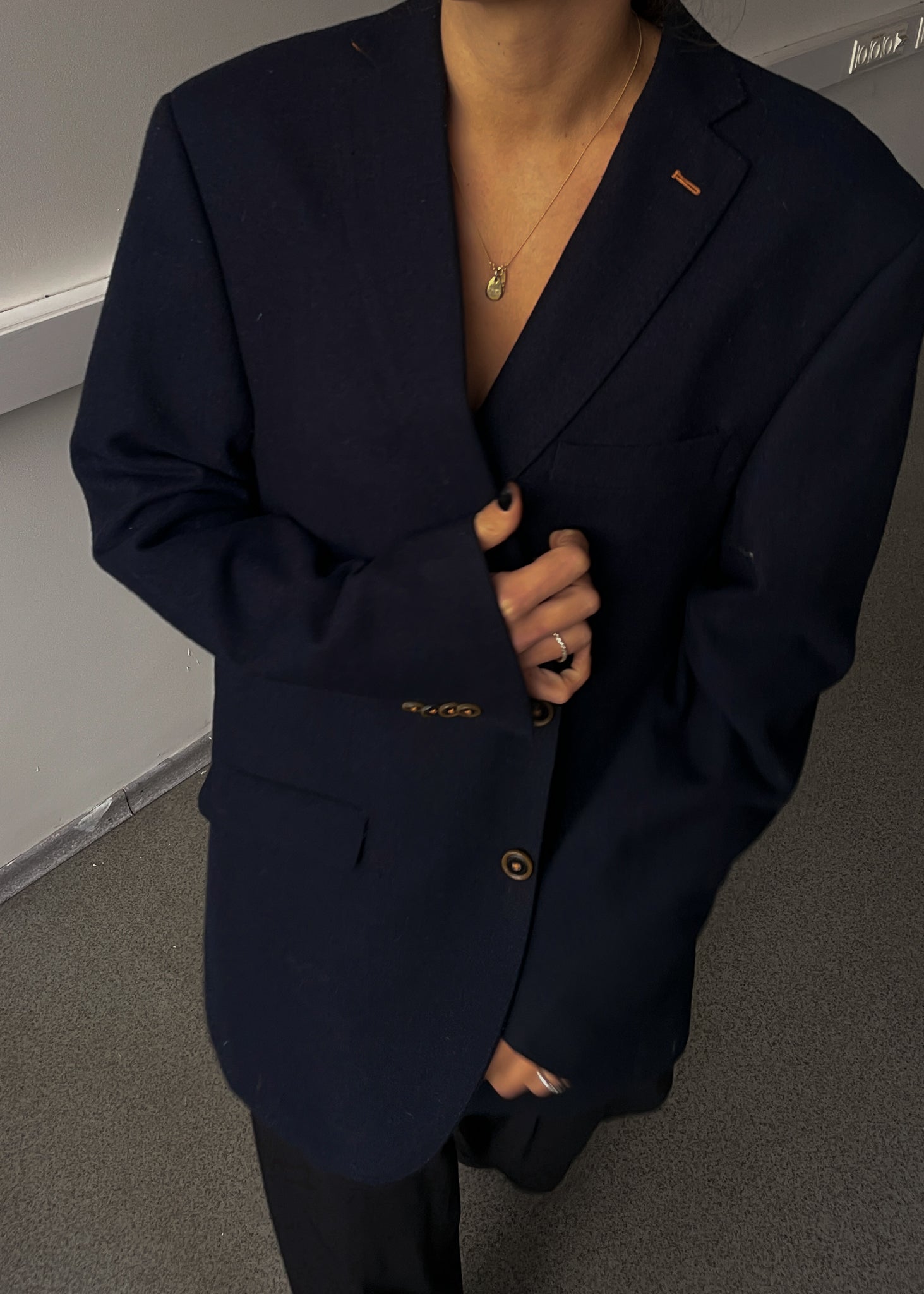 Vintage Navy Blue Brushed Wool Oversized Blazer