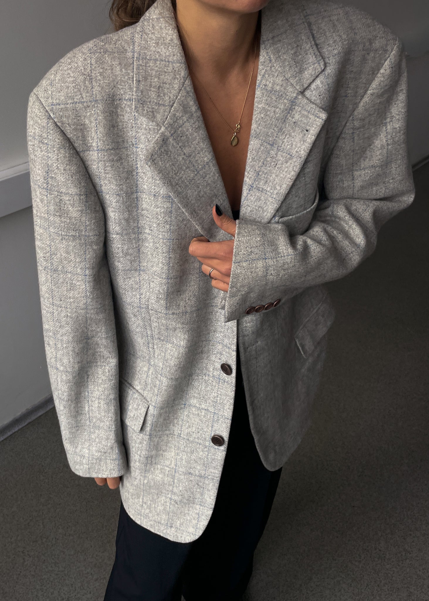 Vintage Light Grey Checked Oversized 100% WOOL Blazer