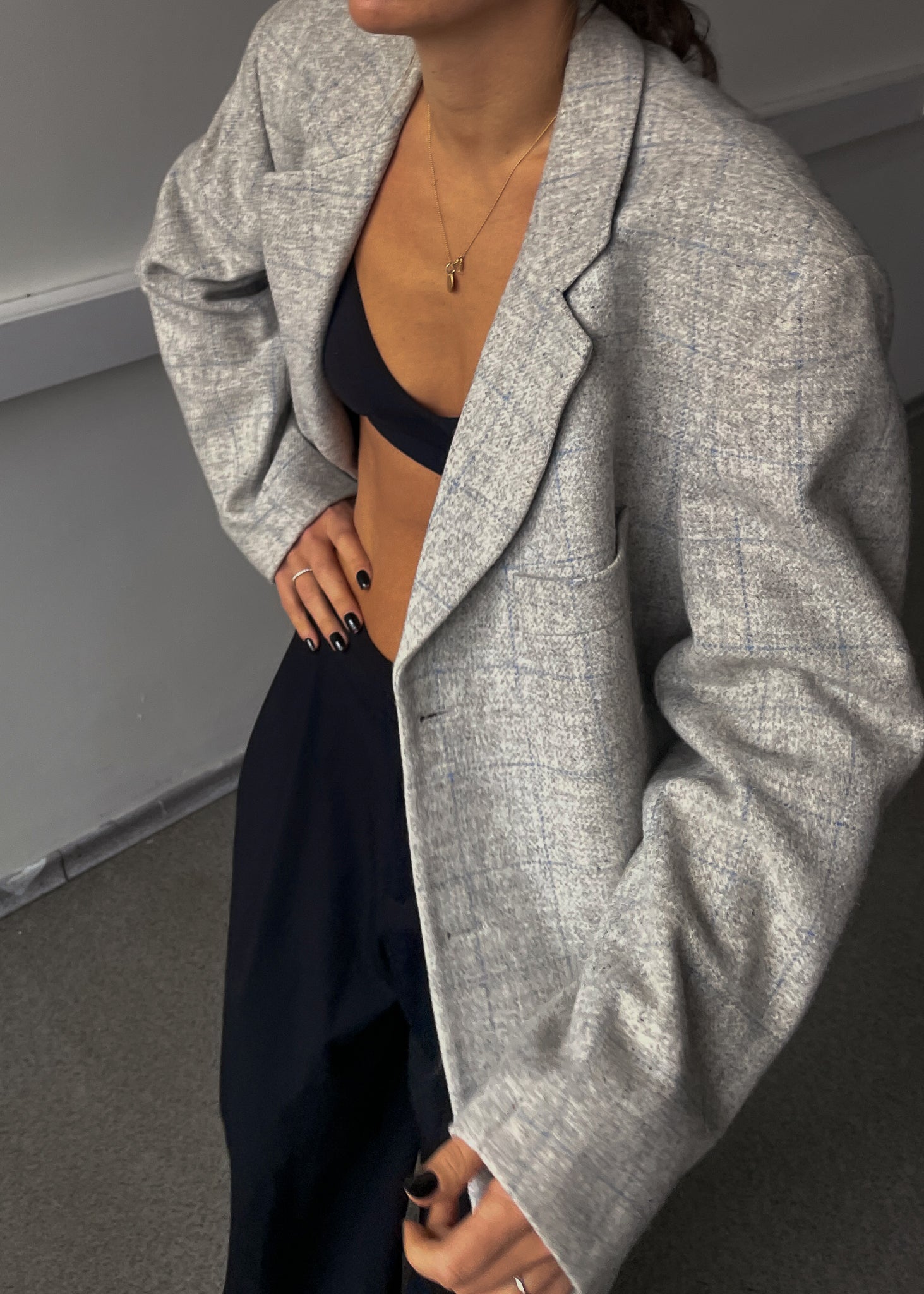 Vintage Light Grey Checked Oversized 100% WOOL Blazer