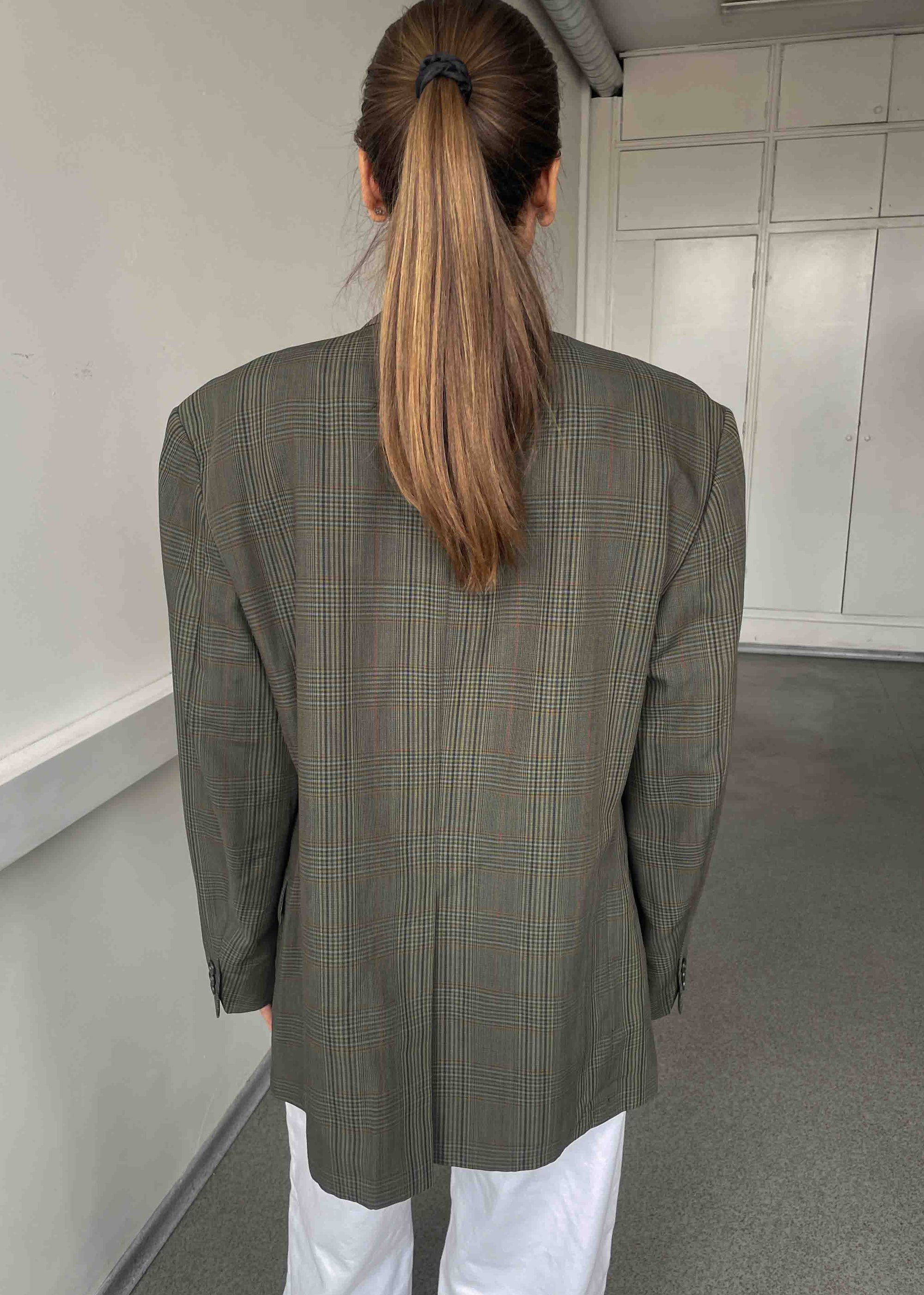 Vintage Khaki Green Checked Oversized Blazer