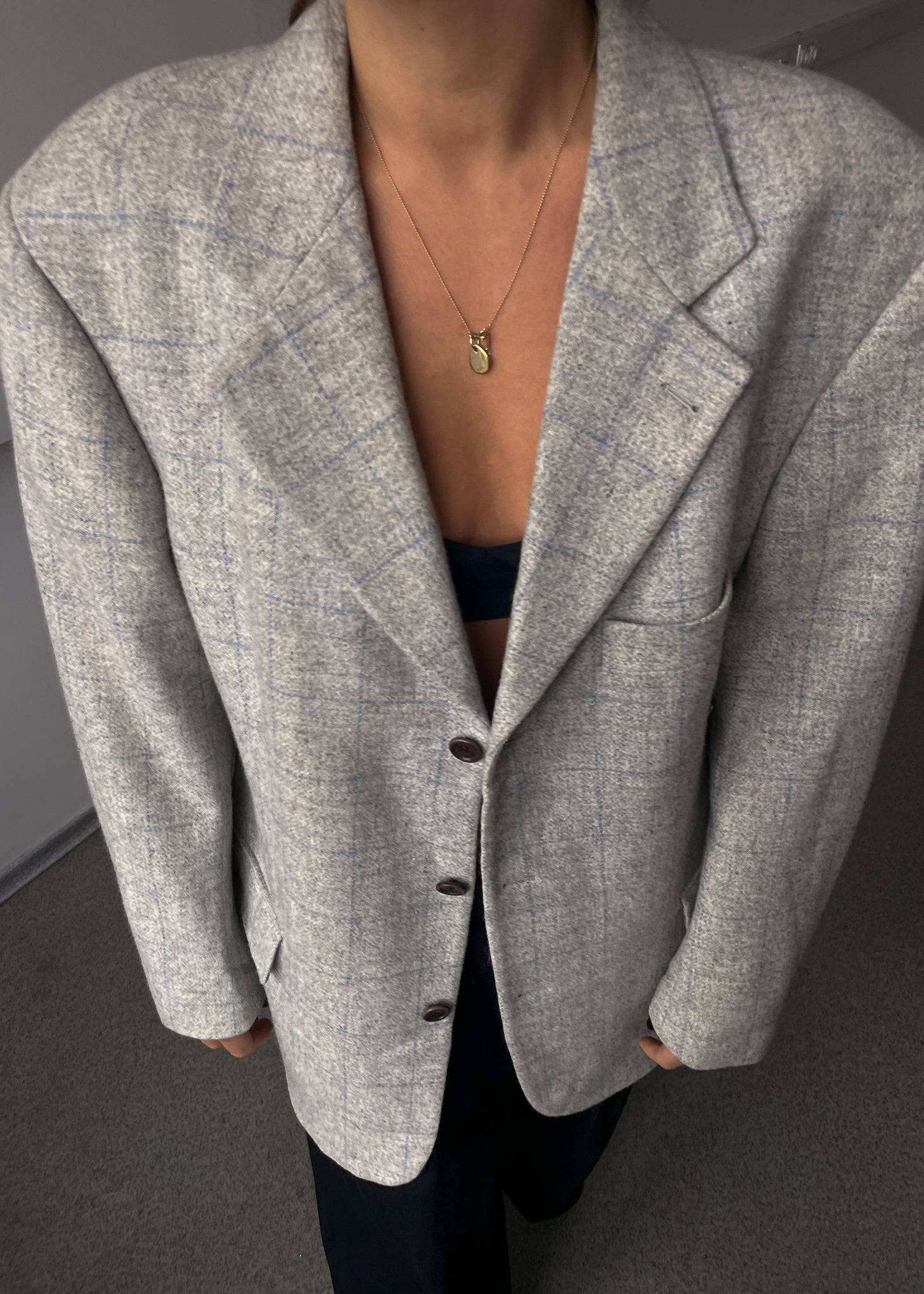 Vintage Light Grey Checked Oversized 100% WOOL Blazer