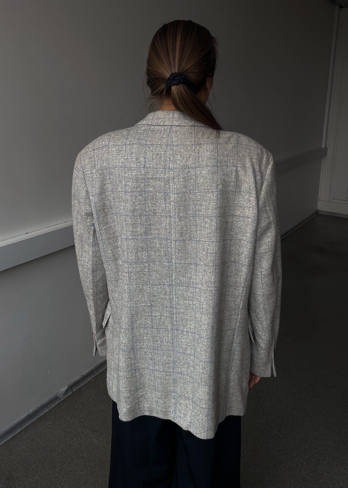 Vintage Light Grey Checked Oversized 100% WOOL Blazer