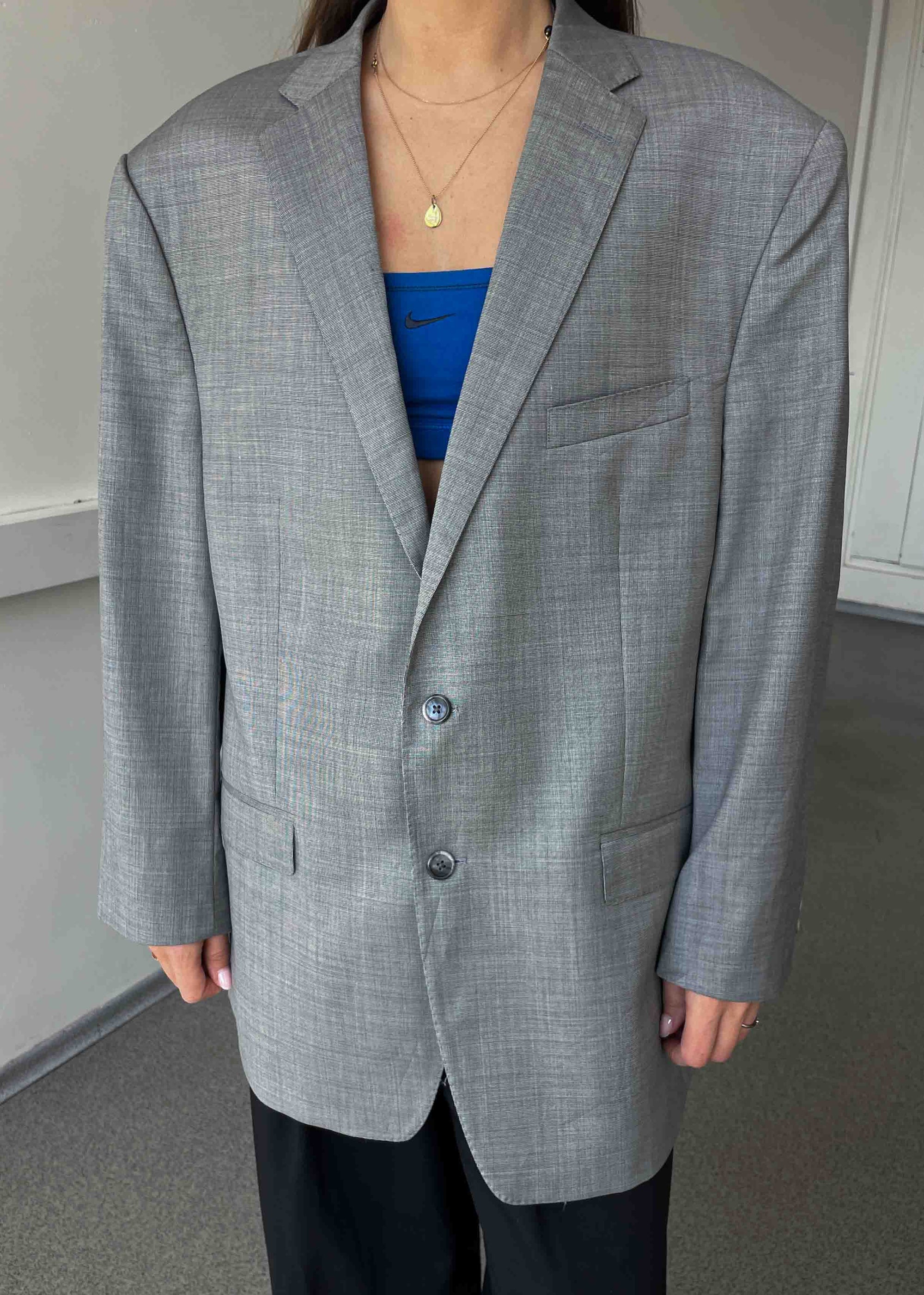 Vintage Light Grey Patterned Oversized 100% WOOL Blazer by CALVIN KLEIN