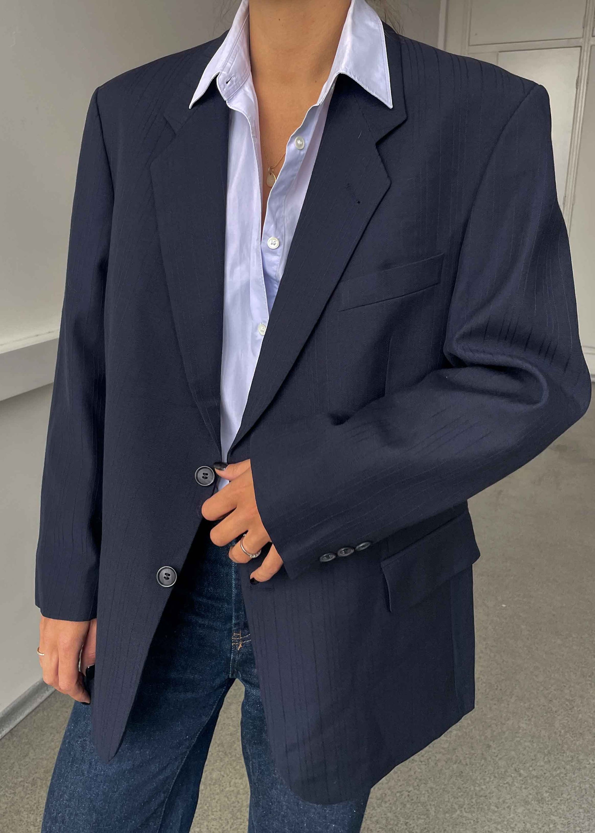 Vintage Navy Blue Stripped Oversized Blazer