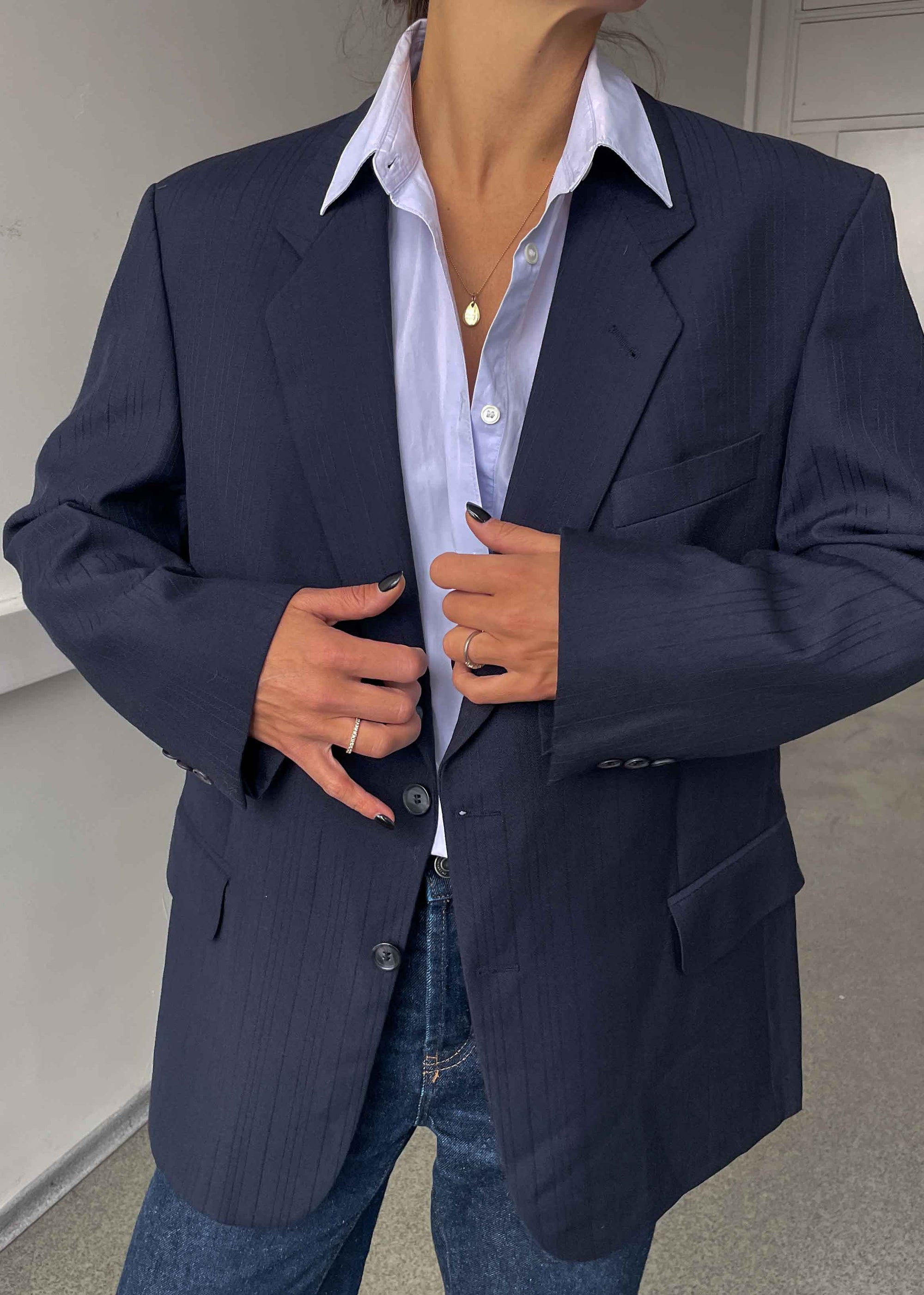 Vintage Navy Blue Stripped Oversized Blazer