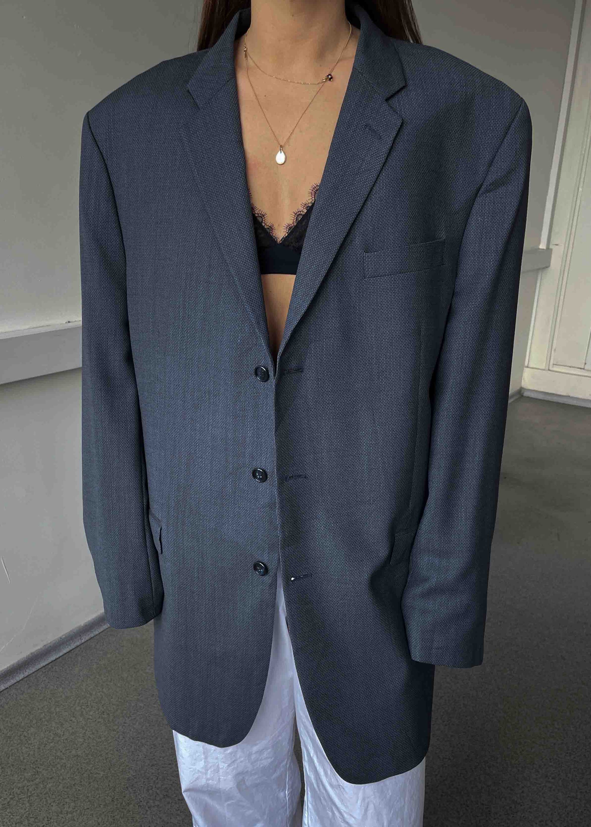 Vintage Grey & Blue Patterned Oversized 100% WOOL Blazer by CALVIN KLEIN