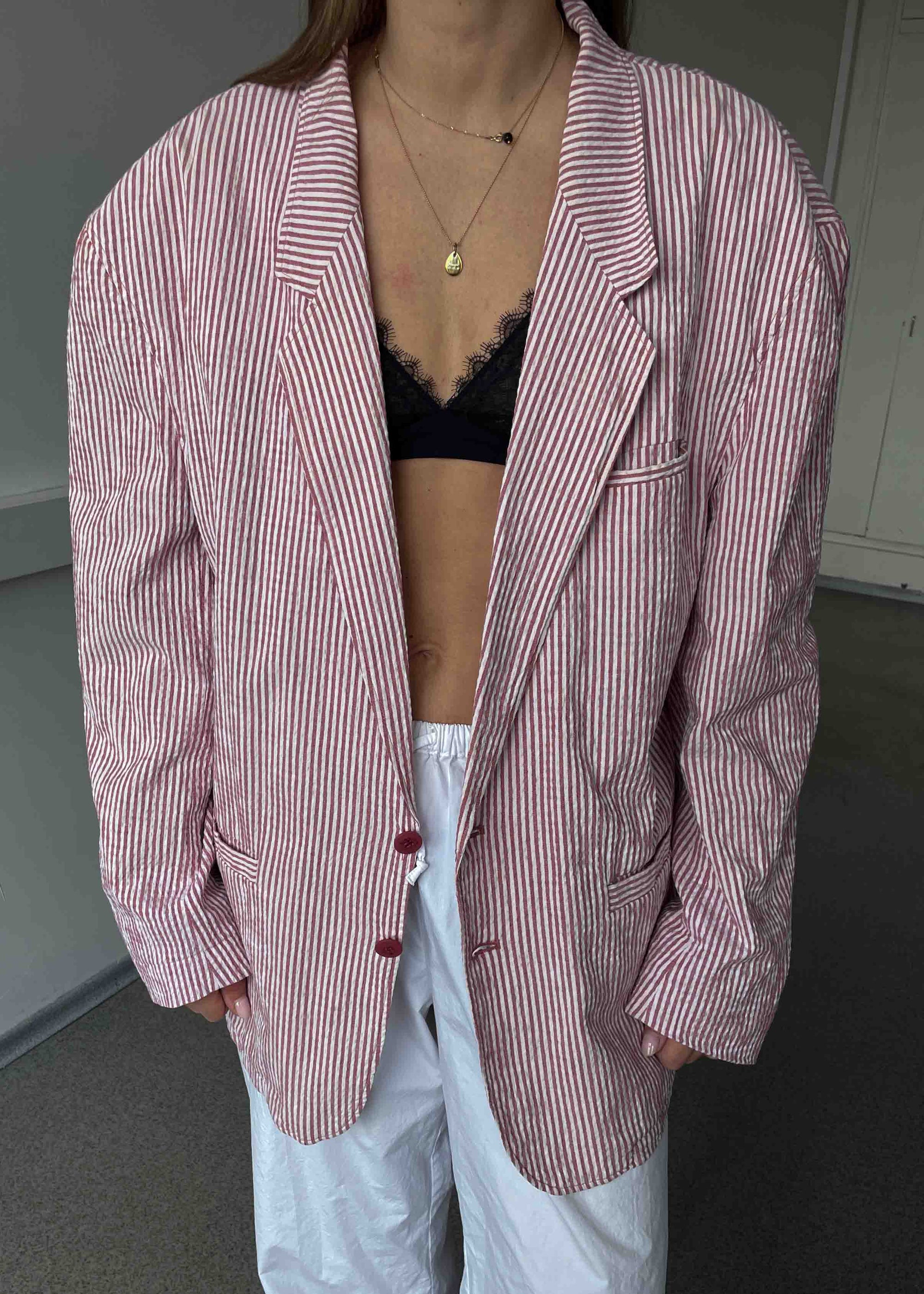 Vintage White & Red Striped Oversized Light Weight Blazer