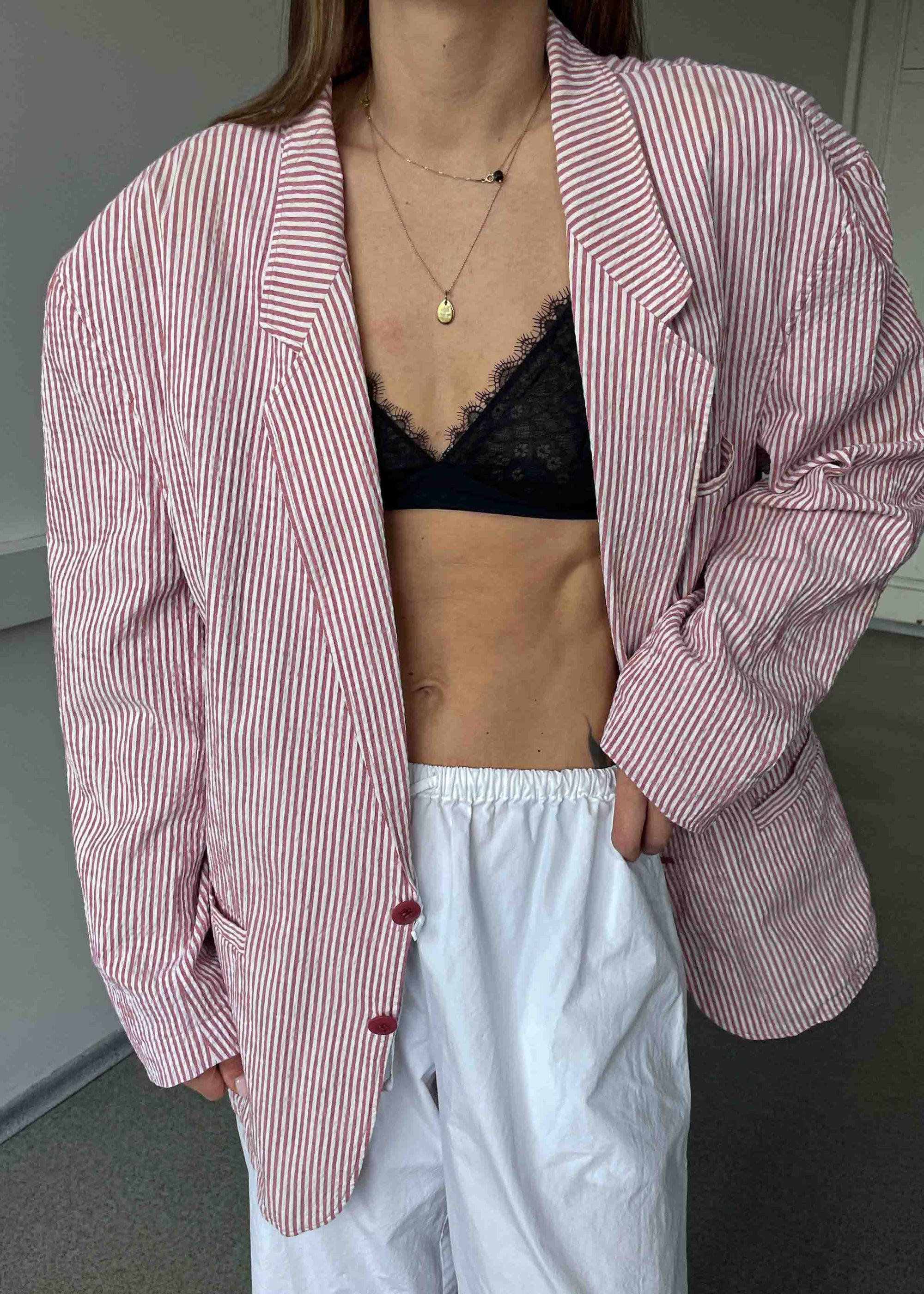 Vintage White & Red Striped Oversized Light Weight Blazer