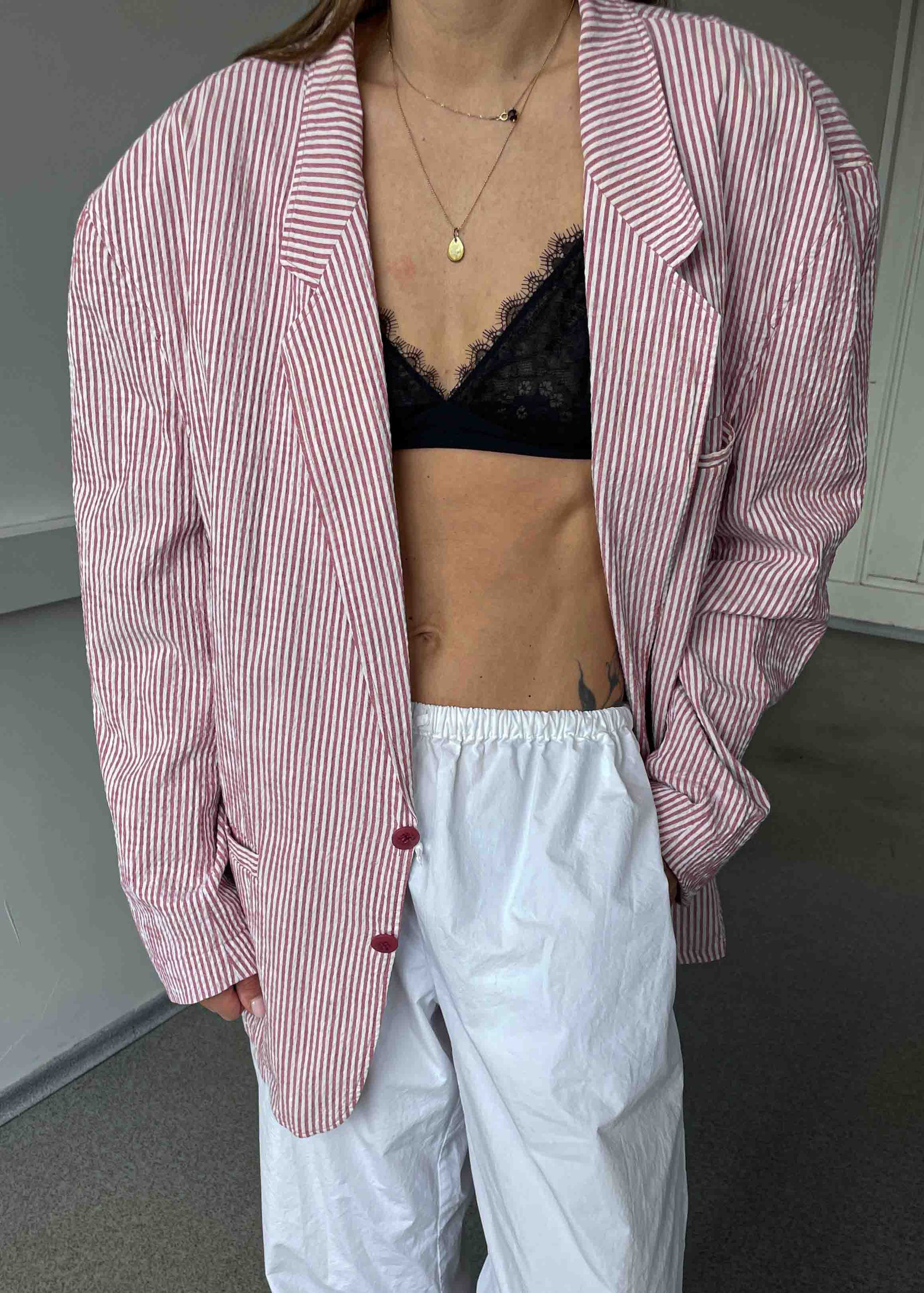 Vintage White & Red Striped Oversized Light Weight Blazer